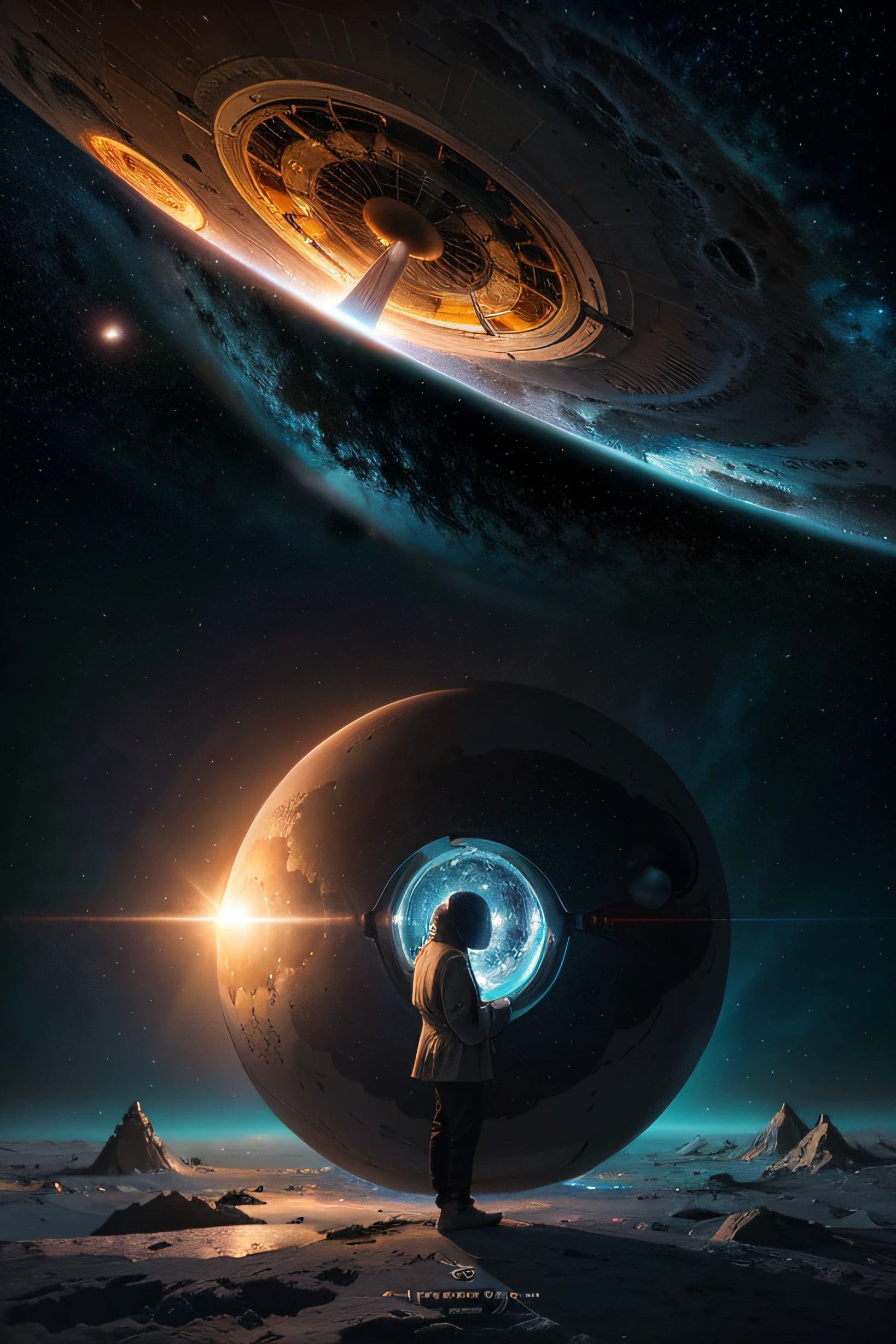 uma pessoa, em frente a um portal espacial com vista para o sol, Cyril Rolando e Goro Fujita, Um portal para outro universo, inspirado em Cyril Rolando, Portal to another dimension, mundo, visible only through the portal, Fantasia De Alta Qualidade Foto Stock, Portal para outro mundo, Portal to outer space, ao estilo de Cyril Rolando,  Looking into space, universo, Magical Galactic Portal, O Ciclo das Estrelas, DEUS