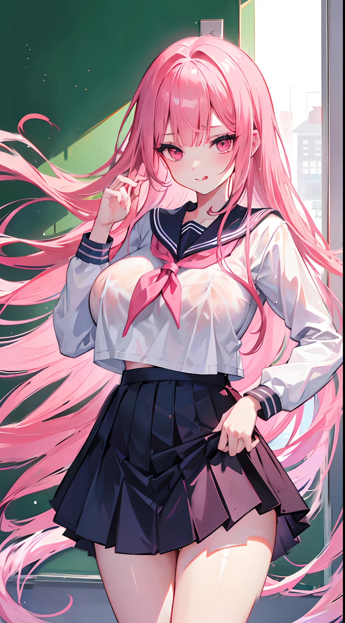 Long pink hair to the waist，dual horsetail，Girl with pink eyes in sailor uniform school uniform，huge tit，Wet look，Be red in the face，is shy，In the classroom，Make a grimace and stick out your tongue，Miss Ghost，Floating in the air