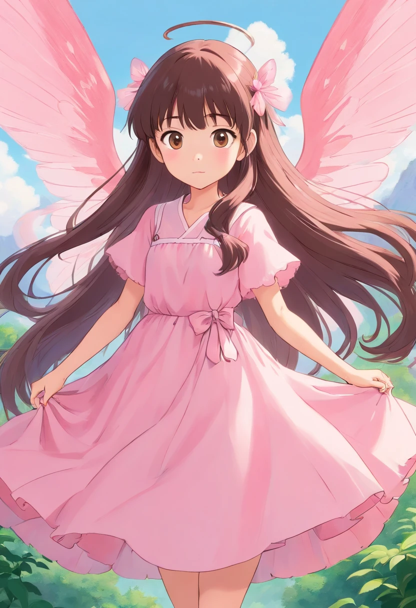 Asian fairy with long, straight hair with bangs, baby pink fairy wings and baby pink dress, blank background