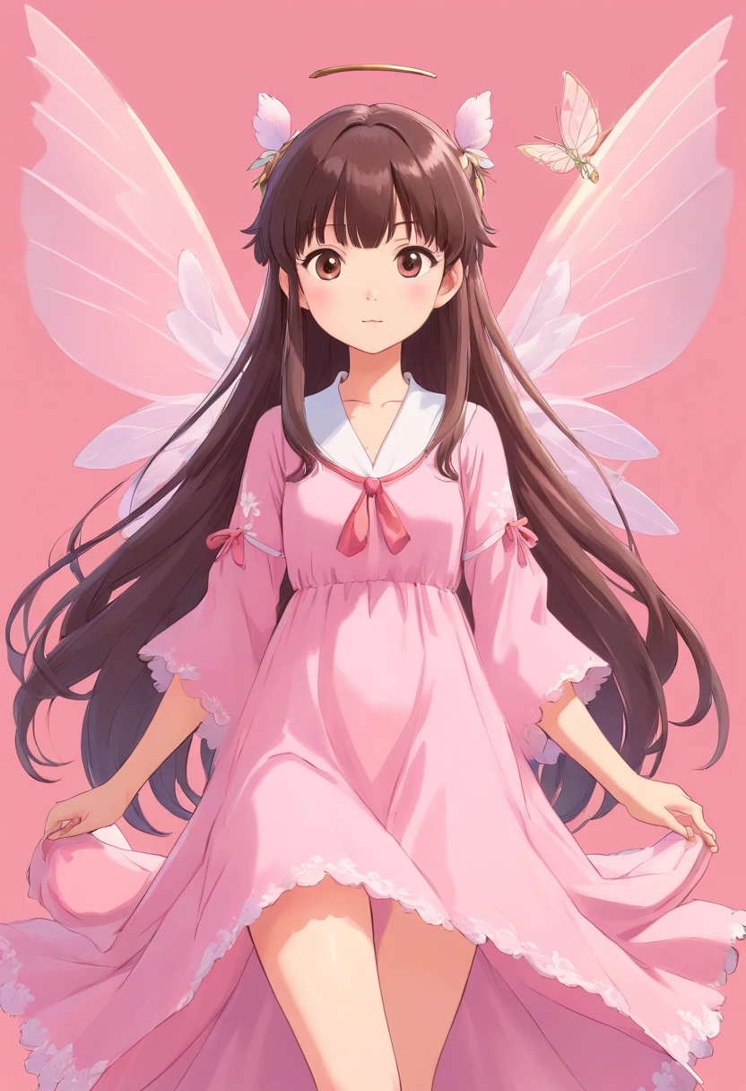 Asian fairy with long, straight hair with bangs, baby pink fairy wings and baby pink dress, blank background