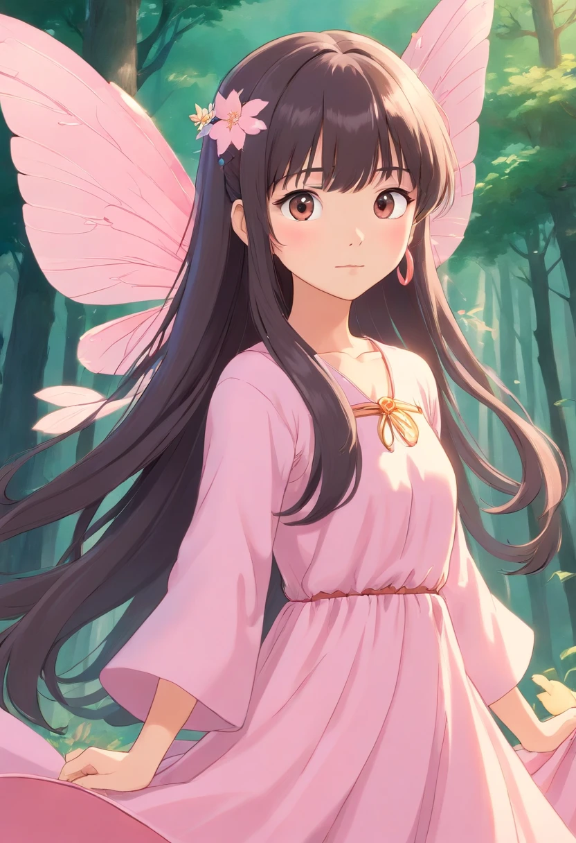 Asian fairy with long, straight hair with bangs, baby pink fairy wings and baby pink dress, blank background