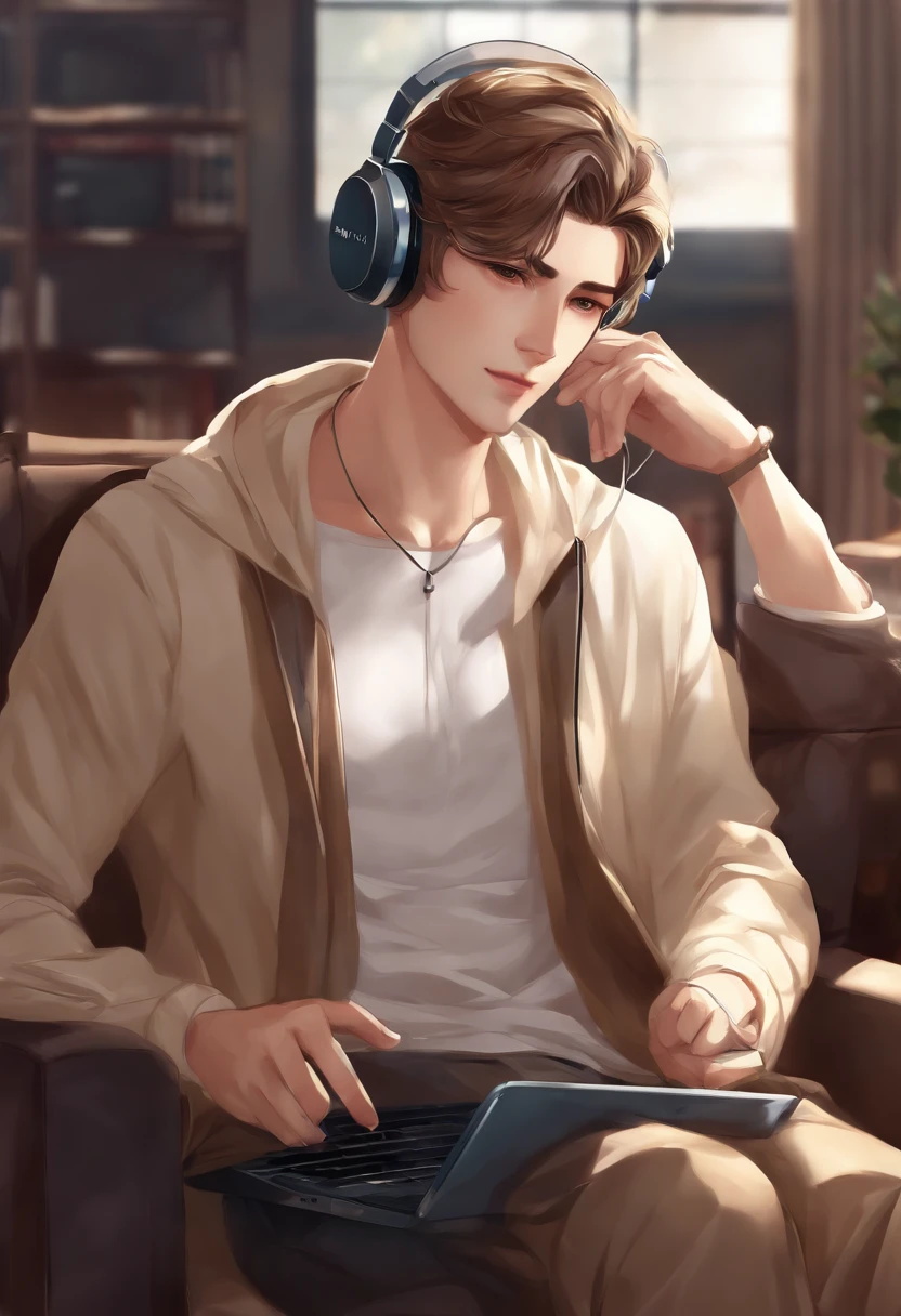 Anime man sitting in a chair with headphones and laptop, digital anime illustration, Handsome Anime Pose, Smooth Anime CG Art, anime handsome guy, young anime man, With headphones, kawacy, digital anime art, ig studios anime style, High quality anime art style, anime moe art style, digital art on pixiv, painted in anime painter studio