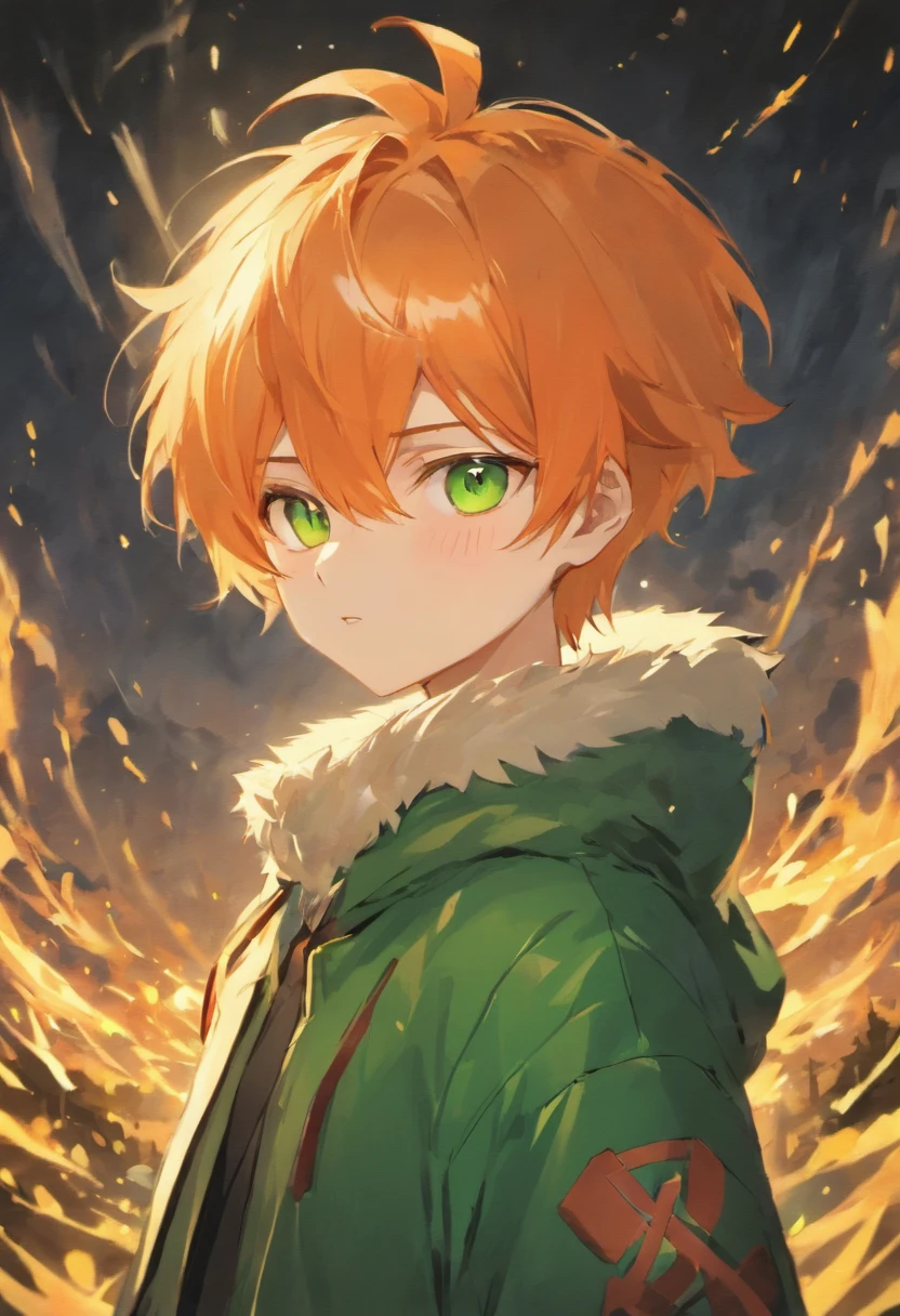 A kitsune boy with orange hair and green eyes. He has neck length hair that covers one eye. He has 5 fox tails, He wears a black sweater, green jacket with furry hood and grey pants with pockets. The background is a mountain scape.