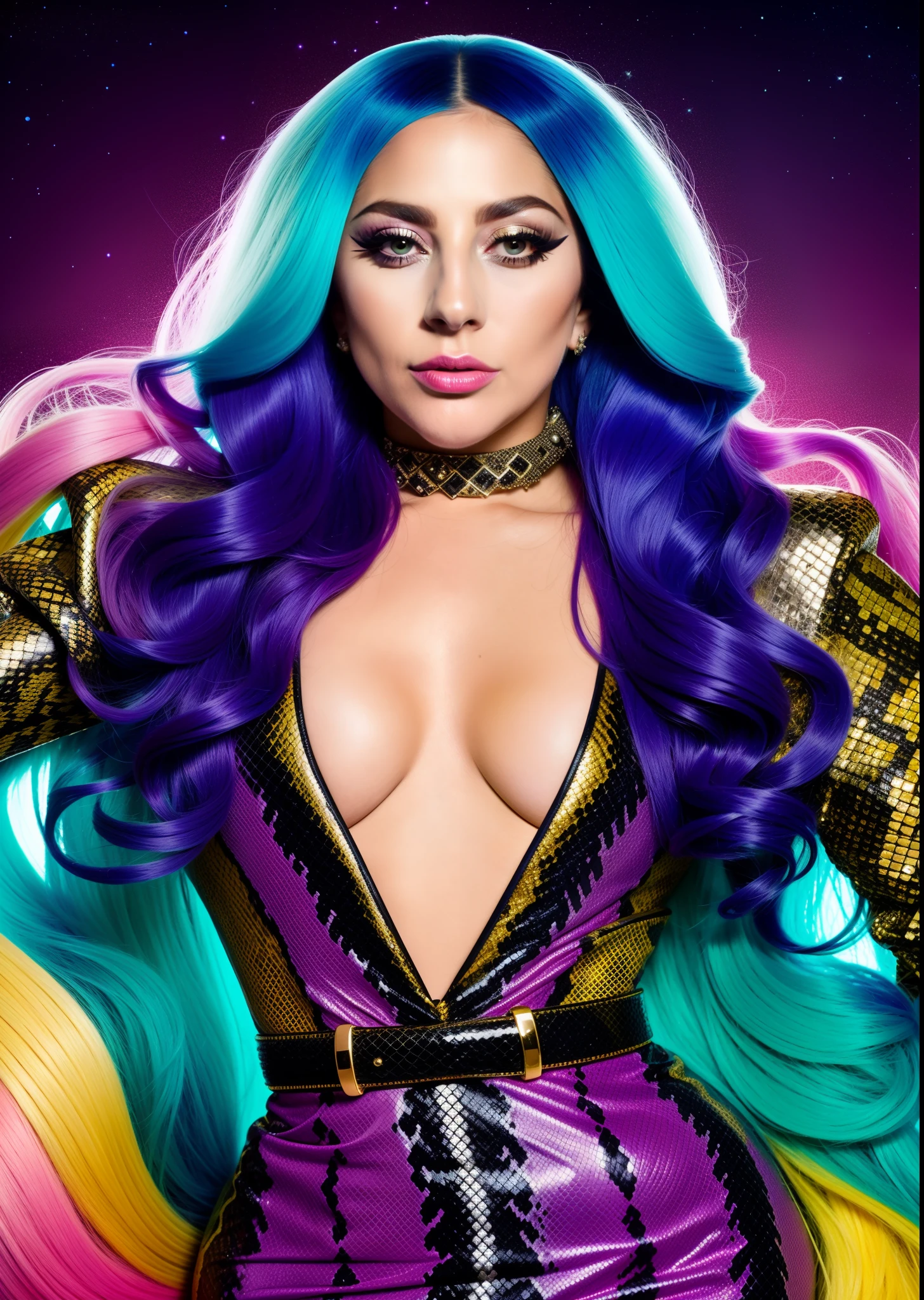 Photo of lady gaga dressed with snake print,4K texture, long hair, high quality, extravagant hairstyle, original album cover, colorful dress with diamonds, 8k image, futuristic, high image quality, at night, hair accessories, 8k image, realistic face in high quality, full body, different body poses, high quality on face, defined traits,HD