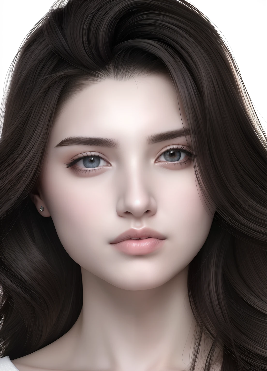 um close up de uma mulher com longos cabelos castanhos e olhos azuis, rosto bonito realista, rosto realista detalhado, rosto detalhado realista, rosto bonito fotorrealista, rosto realista altamente detalhado, wlop pele brilhante, rosto realista e detalhado, rosto detalhado e realista, Rosto ultra realista, rosto perfeito sombreado realista, rostos femininos realistas, belo rosto realista, Face extremamente realista, adolescente hiperrealista