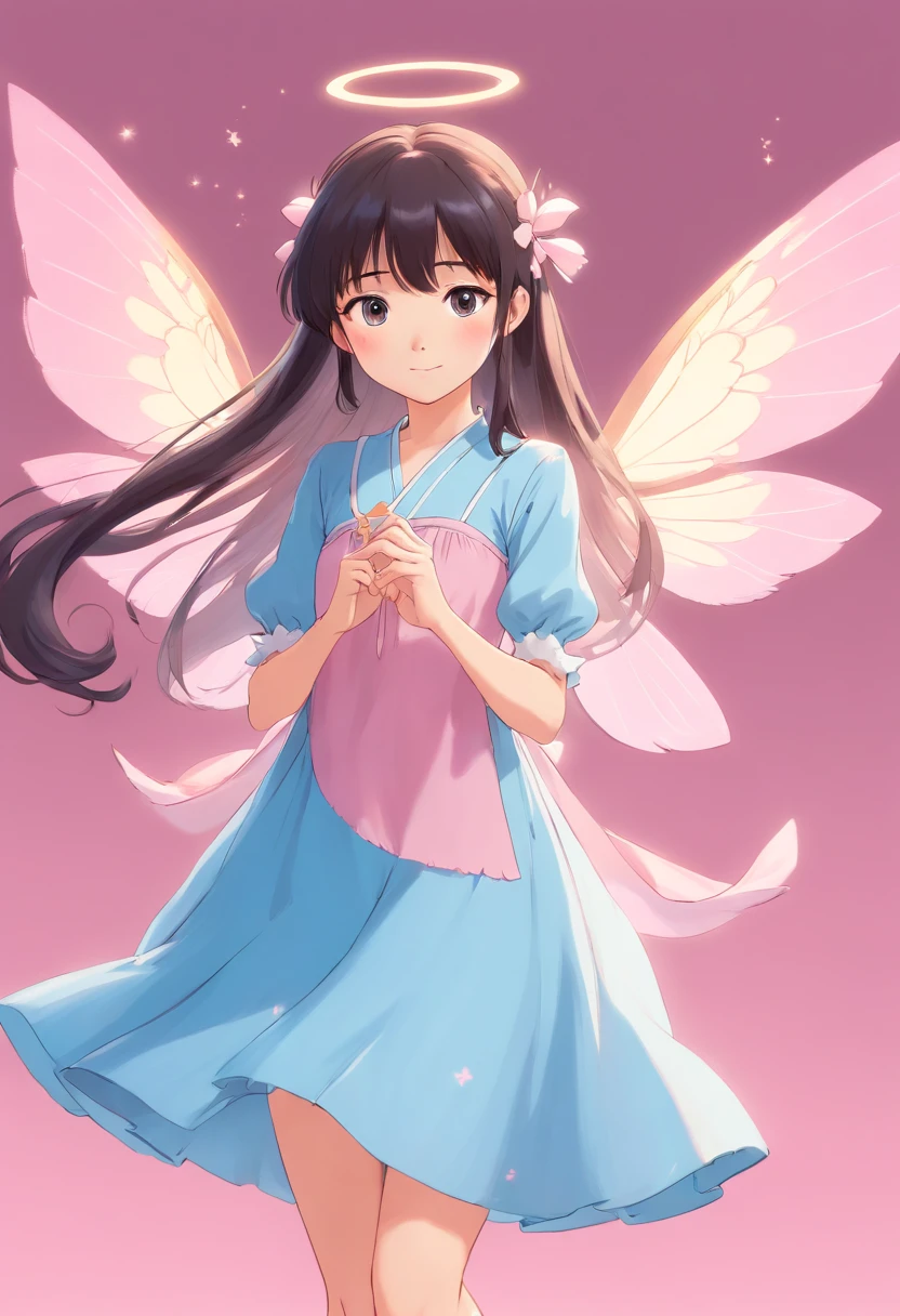 Asian fairy with long, straight hair with bangs, baby pink fairy wings and baby blue dress, blank background