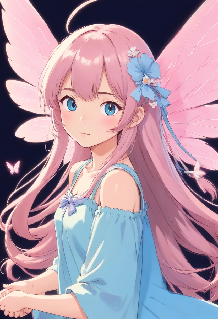 Asian fairy with long, straight hair with bangs, baby pink fairy wings and baby blue dress, blank background
