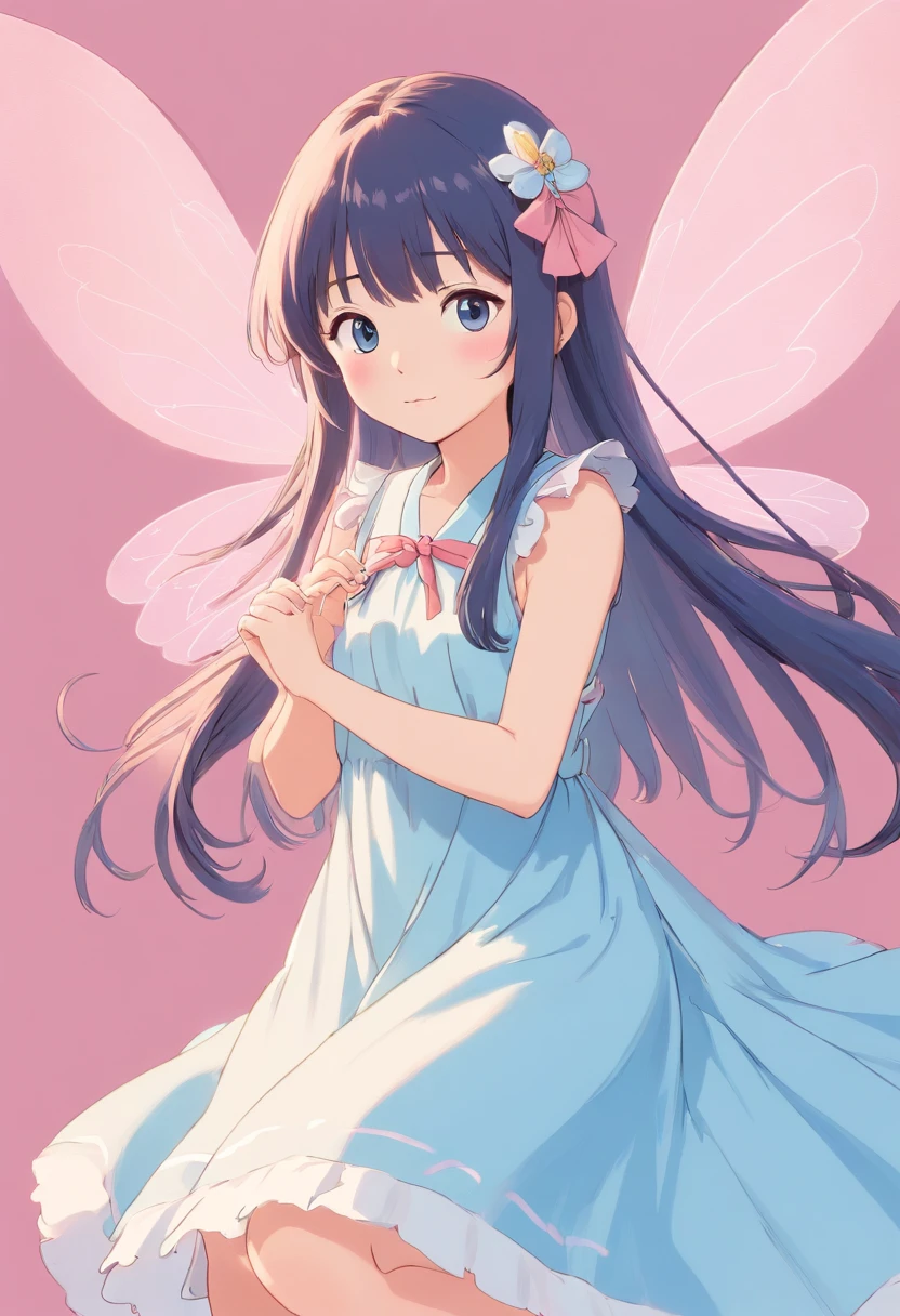 Asian fairy with long, straight hair with bangs, baby pink fairy wings and baby blue dress, blank background