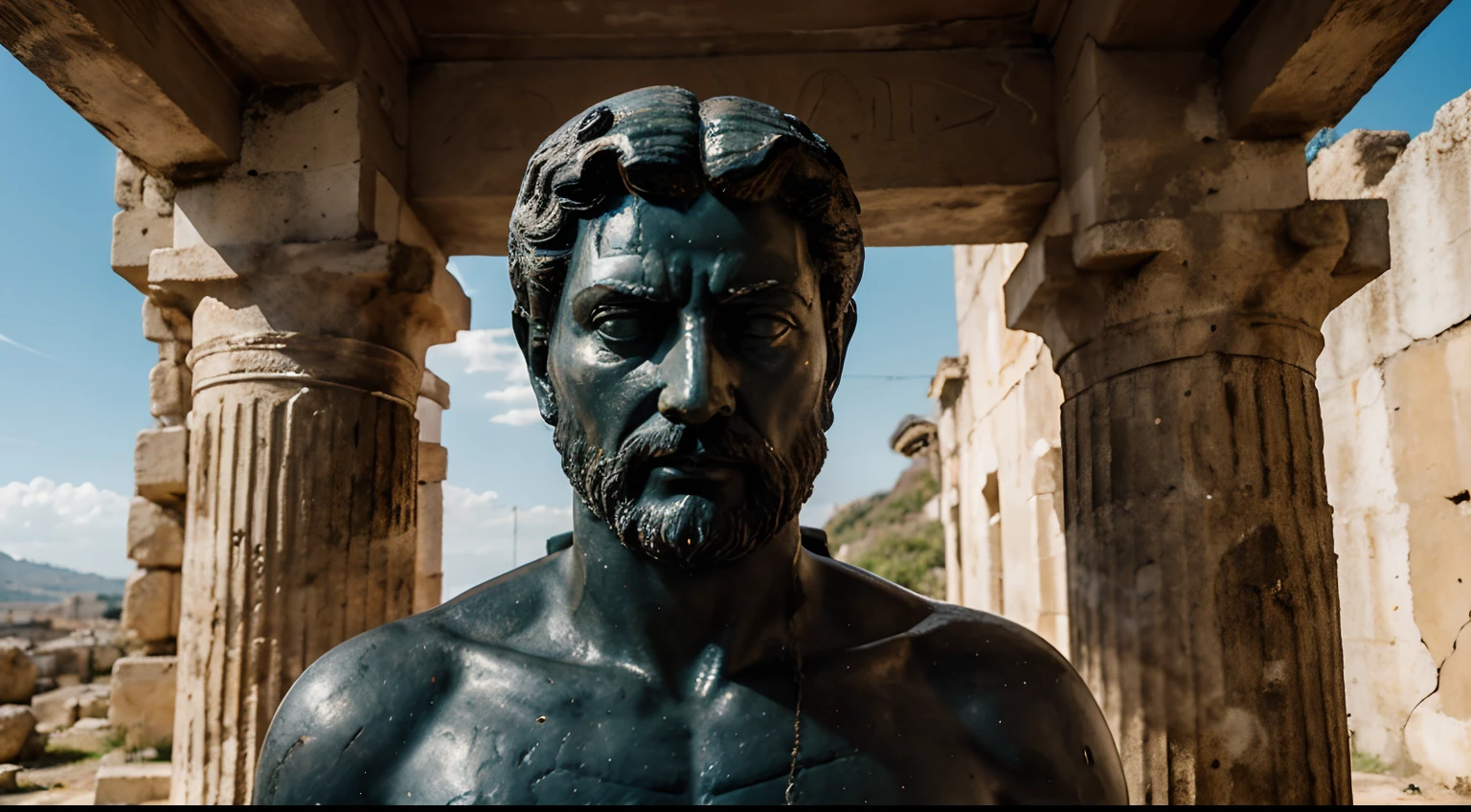 Ancient Stoic Statue With Very Angry Expression, tem barba, muitos detalhes em ambos os olhos, Outside, fundo atenas grego, open sky, com rosto extremamente detalhado full body view, Colors with low saturation with dark tone, Filmado em Sony A7S III com Sony FE 35mm f/1.8, 12.1 MP, --AR 3:2 --estilo cru