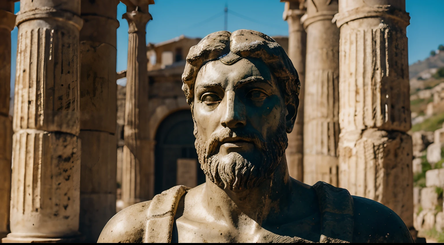 Ancient Stoic Statue With Very Angry Expression, tem barba, muitos detalhes em ambos os olhos, Outside, fundo atenas grego, open sky, com rosto extremamente detalhado full body view, Colors with low saturation with dark tone, Filmado em Sony A7S III com Sony FE 35mm f/1.8, 12.1 MP, --AR 3:2 --estilo cru