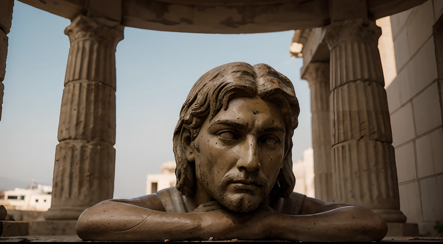 Ancient Stoic Statue With Very Angry Expression, tem barba, muitos detalhes em ambos os olhos, Outside, fundo atenas grego, open sky, com rosto extremamente detalhado full body view, Colors with low saturation with dark tone, Filmado em Sony A7S III com Sony FE 35mm f/1.8, 12.1 MP, --AR 3:2 --estilo cru