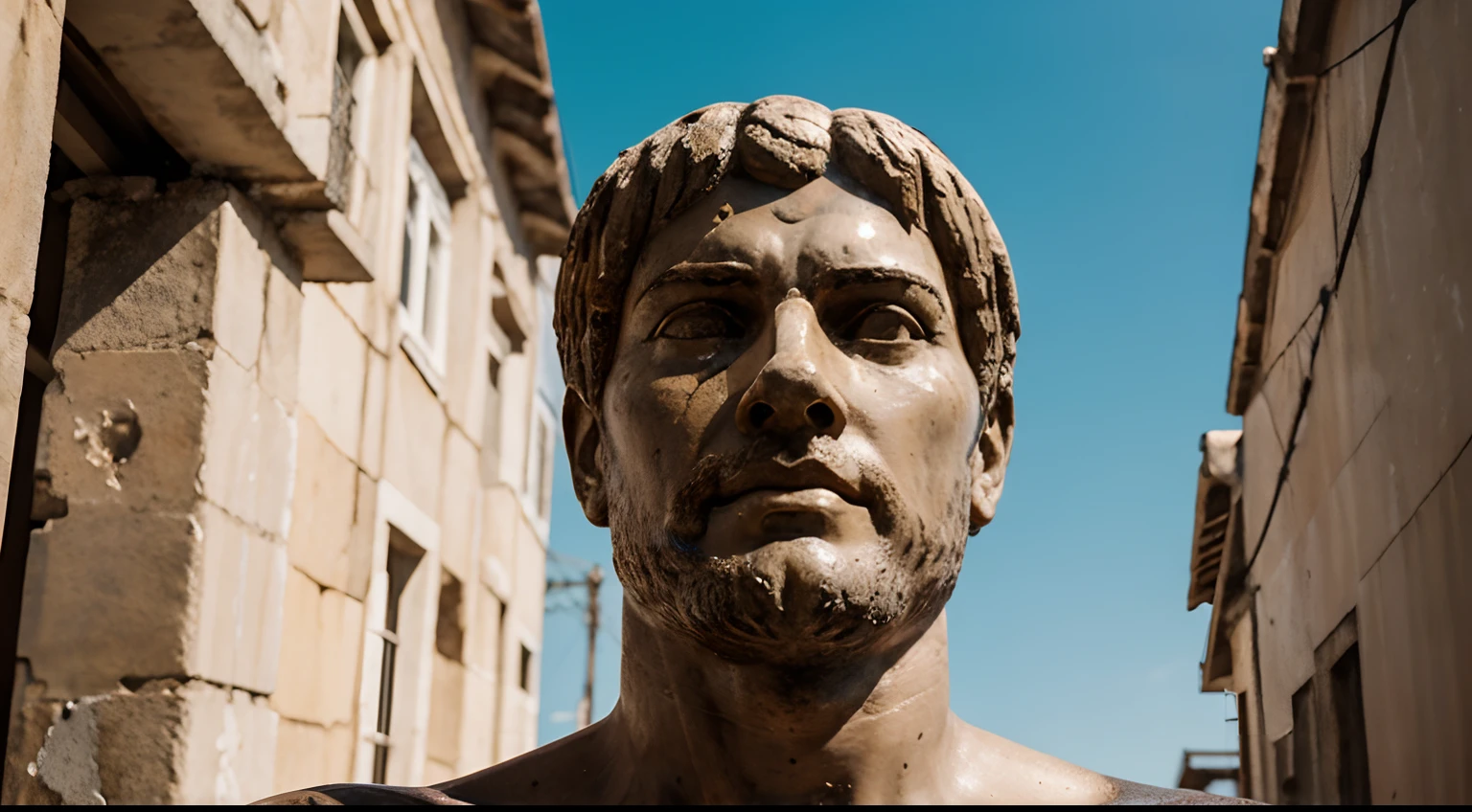 Ancient Stoic Statue With Very Angry Expression, tem barba, muitos detalhes em ambos os olhos, Outside, fundo atenas grego, open sky, com rosto extremamente detalhado full body view, Colors with low saturation with dark tone, Filmado em Sony A7S III com Sony FE 35mm f/1.8, 12.1 MP, --AR 3:2 --estilo cru