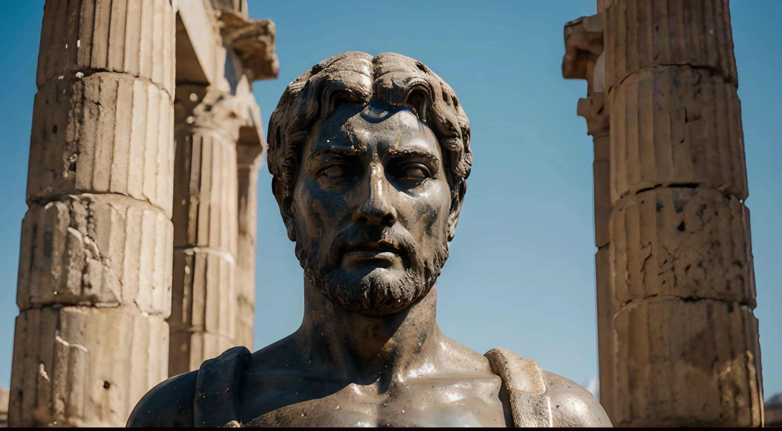 Ancient Stoic Statue With Very Angry Expression, tem barba, muitos detalhes em ambos os olhos, Outside, fundo atenas grego, open sky, com rosto extremamente detalhado full body view, Colors with low saturation with dark tone, Filmado em Sony A7S III com Sony FE 35mm f/1.8, 12.1 MP, --AR 3:2 --estilo cru