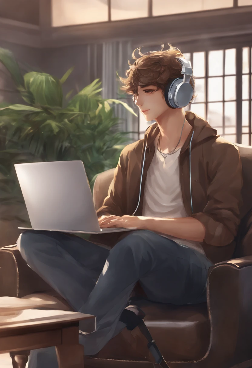 Anime man sitting in a chair with headphones and laptop, digital anime illustration, Handsome Anime Pose, Smooth Anime CG Art, anime handsome guy, young anime man, With headphones, kawacy, digital anime art, ig studios anime style, High quality anime art style, anime moe art style, digital art on pixiv, painted in anime painter studio