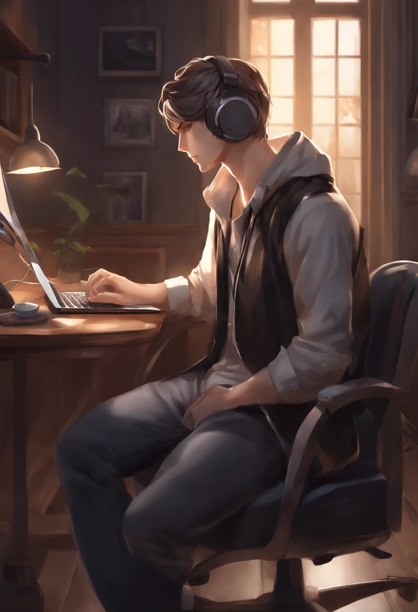 Anime man sitting in a chair with headphones and laptop, digital anime illustration, Handsome Anime Pose, Smooth Anime CG Art, anime handsome guy, young anime man, With headphones, kawacy, digital anime art, ig studios anime style, High quality anime art style, anime moe art style, digital art on pixiv, painted in anime painter studio