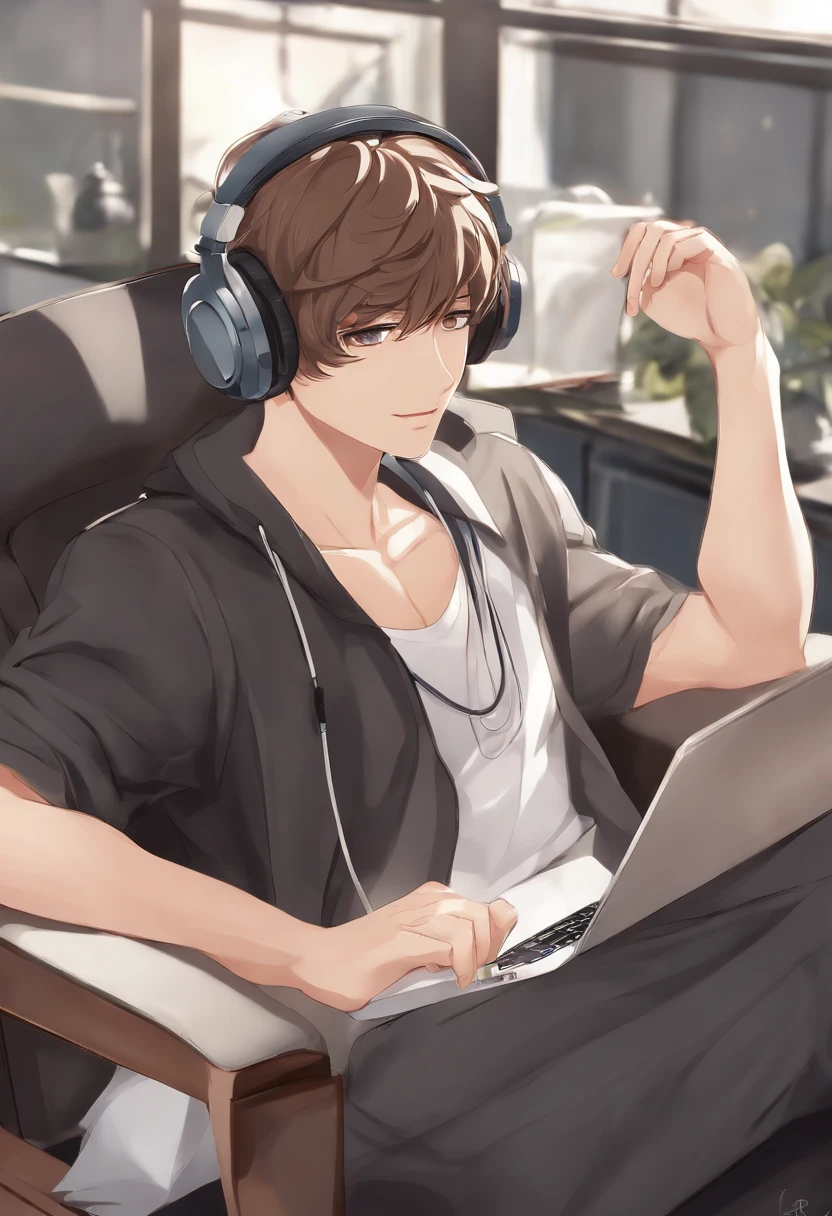 Anime man sitting in a chair with headphones and laptop, digital anime illustration, Handsome Anime Pose, Smooth Anime CG Art, anime handsome guy, young anime man, With headphones, kawacy, digital anime art, ig studios anime style, High quality anime art style, anime moe art style, digital art on pixiv, painted in anime painter studio