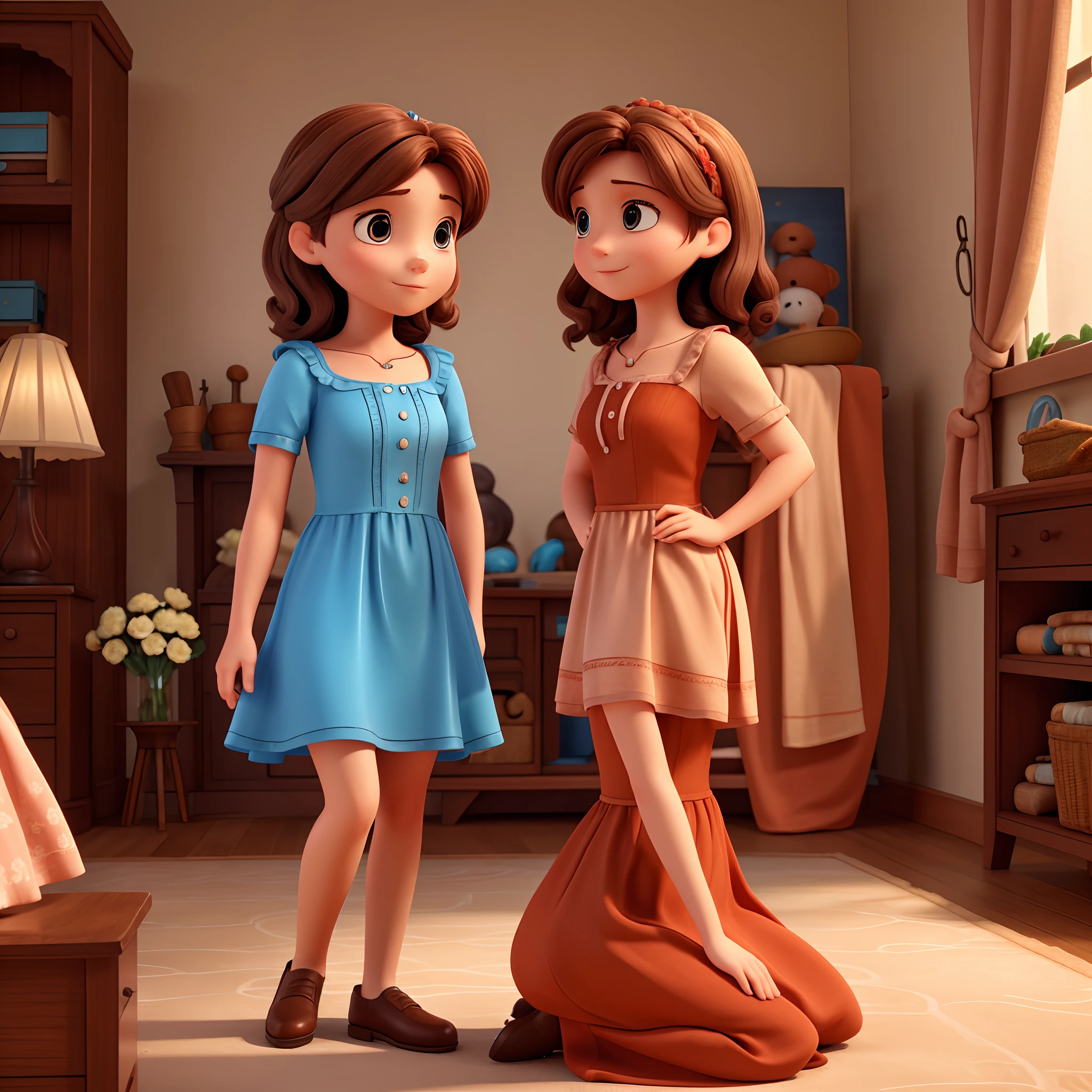 Light reddish dress mother with brown hair talking to her brown-haired daughter and blue dress close-up