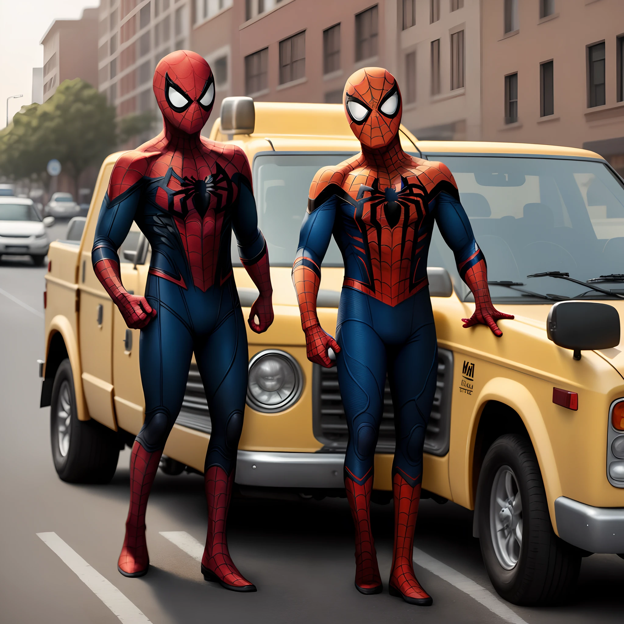 Spider-Man and SpongeBob driving a pickup