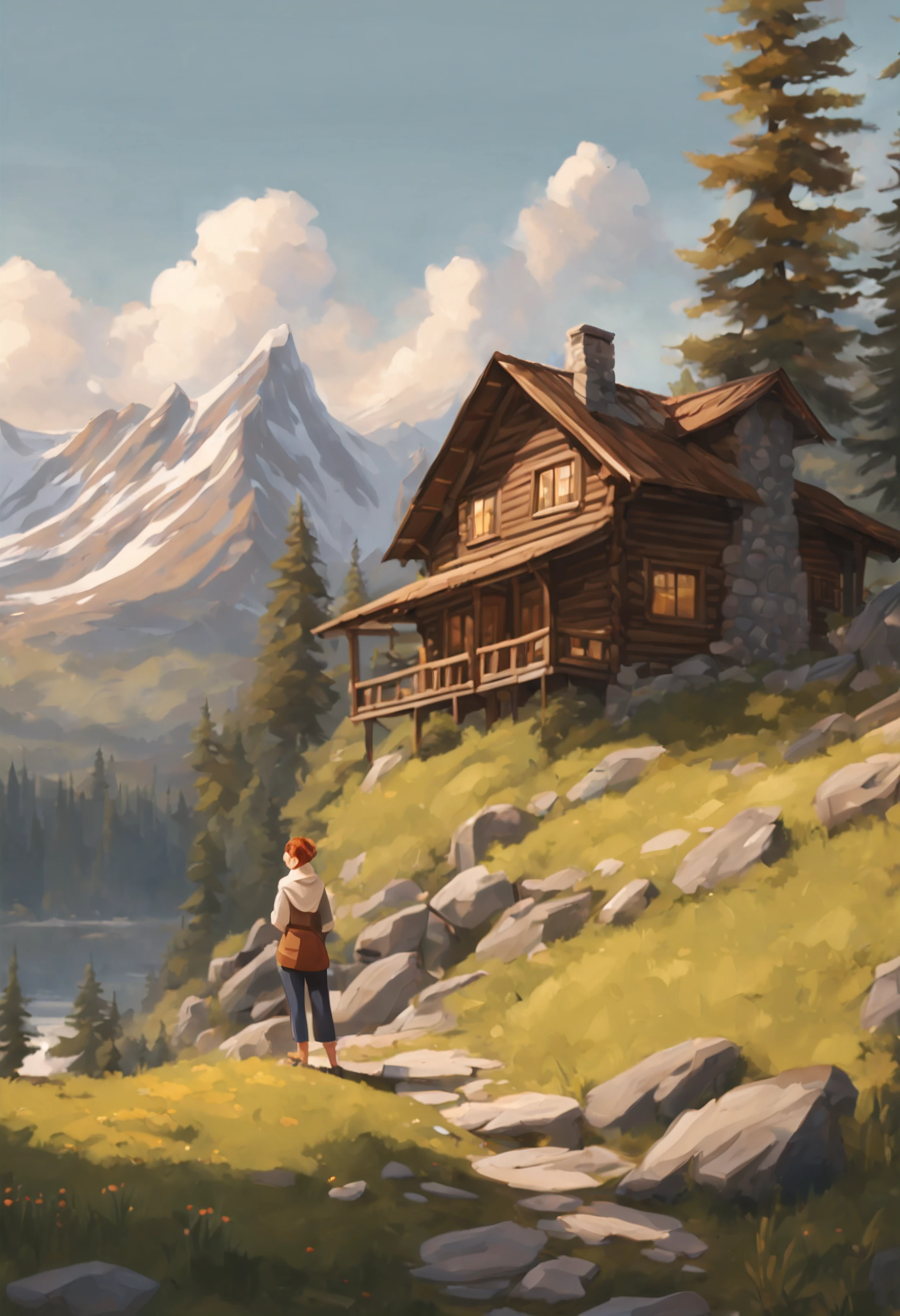 A serene scene of a lady standing in front of a cozy mountain cabin, surrounded by the majesty of nature. She gazes at the tranquil landscape, a retreat from the hustle of everyday life. Rustic charm, mountain serenity, wilderness escape, peaceful contemplation, cabin comfort, anime realism, perfect illustration