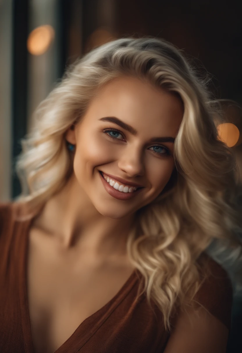 Realistic young woman, blonde woman, Smiling at the camera, taking selfies