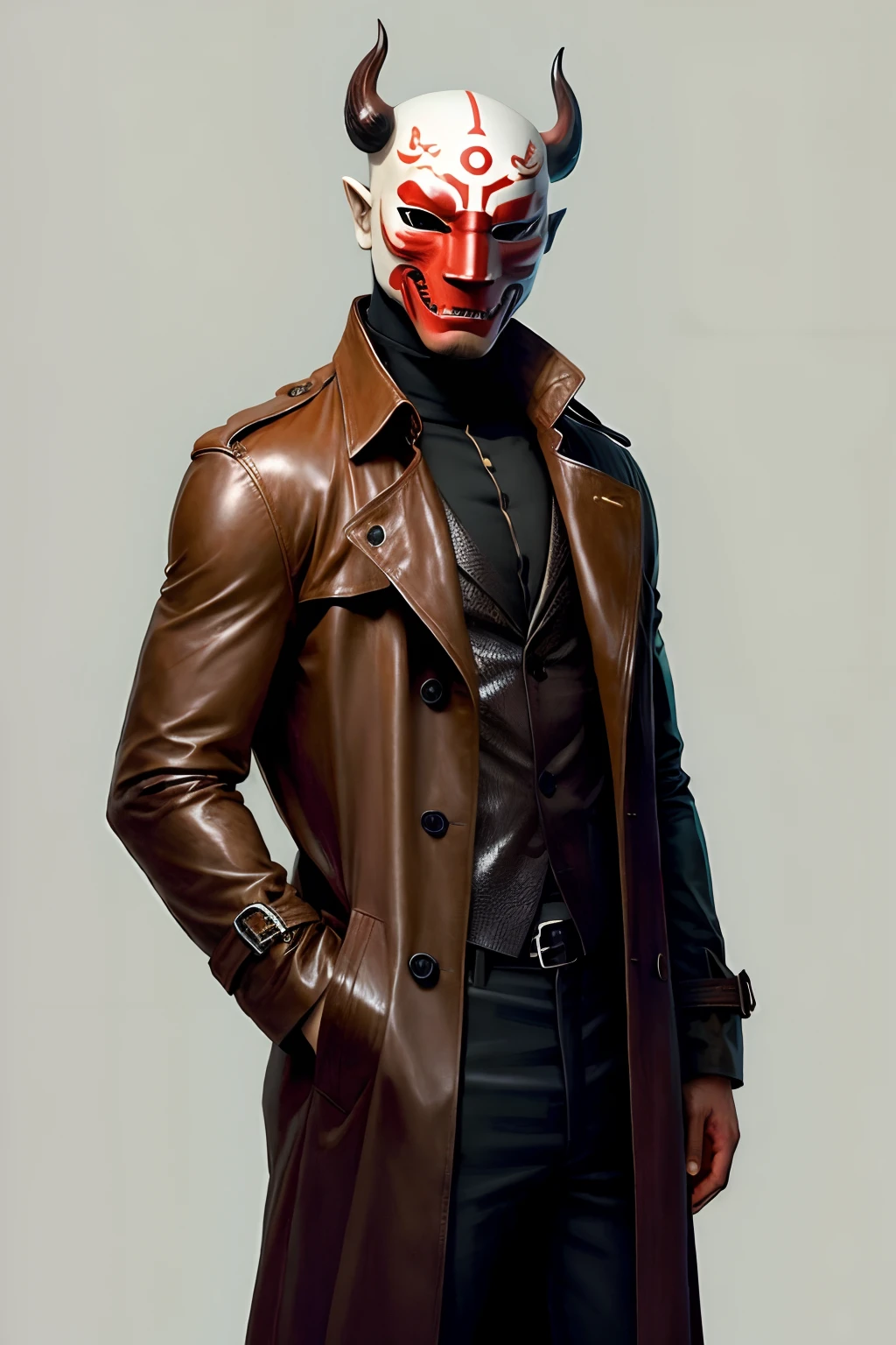 Takeshi Kovacs, Japanese oni mask, leather trench coat