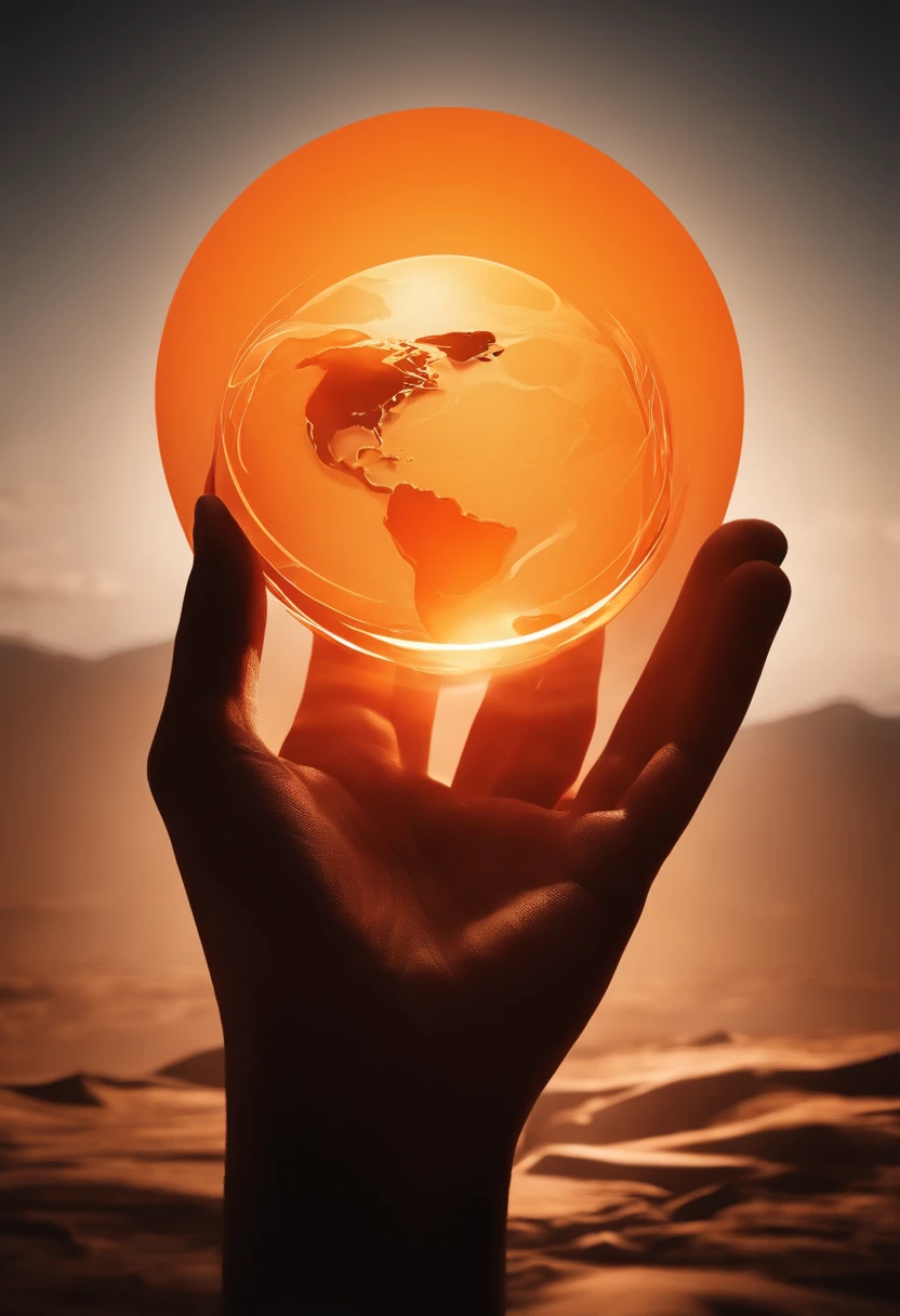 orange hand holding orange planet ,logo style
