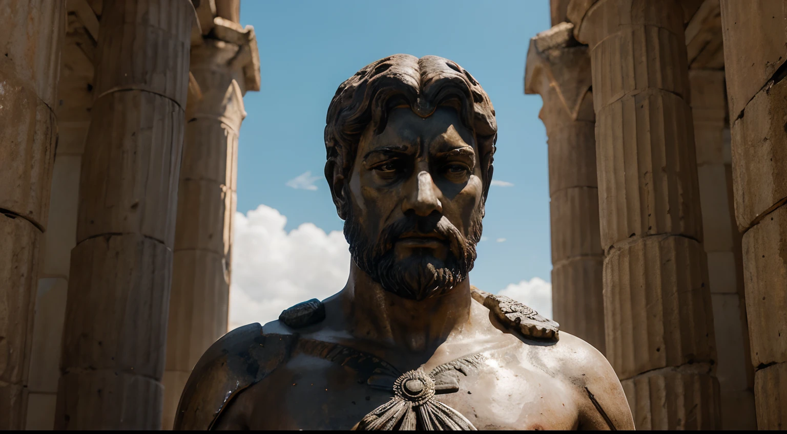 Ancient Stoic Statue With Very Angry Expression, tem barba, muitos detalhes em ambos os olhos, Outside, fundo atenas grego, open sky, com rosto extremamente detalhado full body view, Colors with low saturation with dark tone, Filmado em Sony A7S III com Sony FE 35mm f/1.8, 12.1 MP, --AR 3:2 --estilo cru