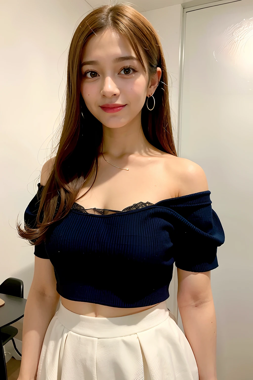 melhor qualidade, ultra alta res, (fotorrealista: 1.4), 1girl, camisa branca com decote nos seios off-shoulder, saia preta justa e curta, , (cabelo preto e longo, sem franja:1), (seios enormes:1.2), olhando para o espectador, close-up, 25 anos