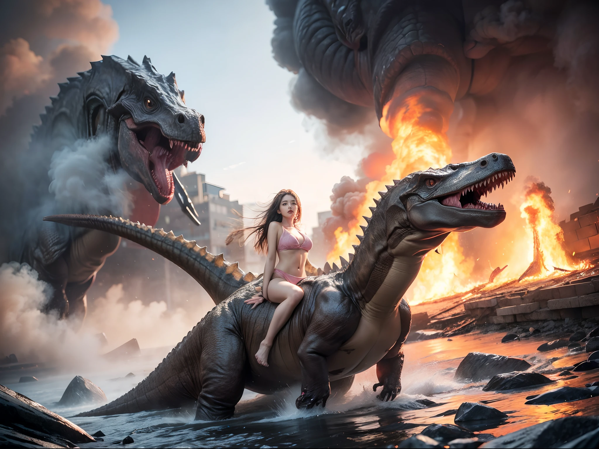 ((sun in the sky)),1girl,korea idol face innocent,((PINK BIKINI)),Big cleavage,alone,((She rides a dinosaur in an abandoned city with fire and smoke)), her hair flying, ((dinosaur)), sensation of life and movement of the image, beautiful backlights, beautiful sunset, sunbeams,, the scene seems taken from a movie, hyper-realistic, maximum detail, cinematographic light,bikini, big breasts, A masterpiece of hightquality、high detailing、top-quality、nffsw、4K、8K、Icicles、Trapped in the ice, best quality, high quality, extremely detailed,masterpiece, best quality, photorealistic, raw photo, detailed skin, real photo,Navel piercing, abstract explosion of [color random], 3d effect, RAW photo, best,