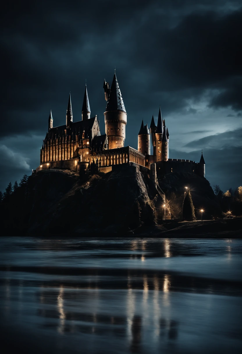 Please create a realistic image with the highest quality, depicting the Harry Potter Castle at night with dramatic clouds in the background.
