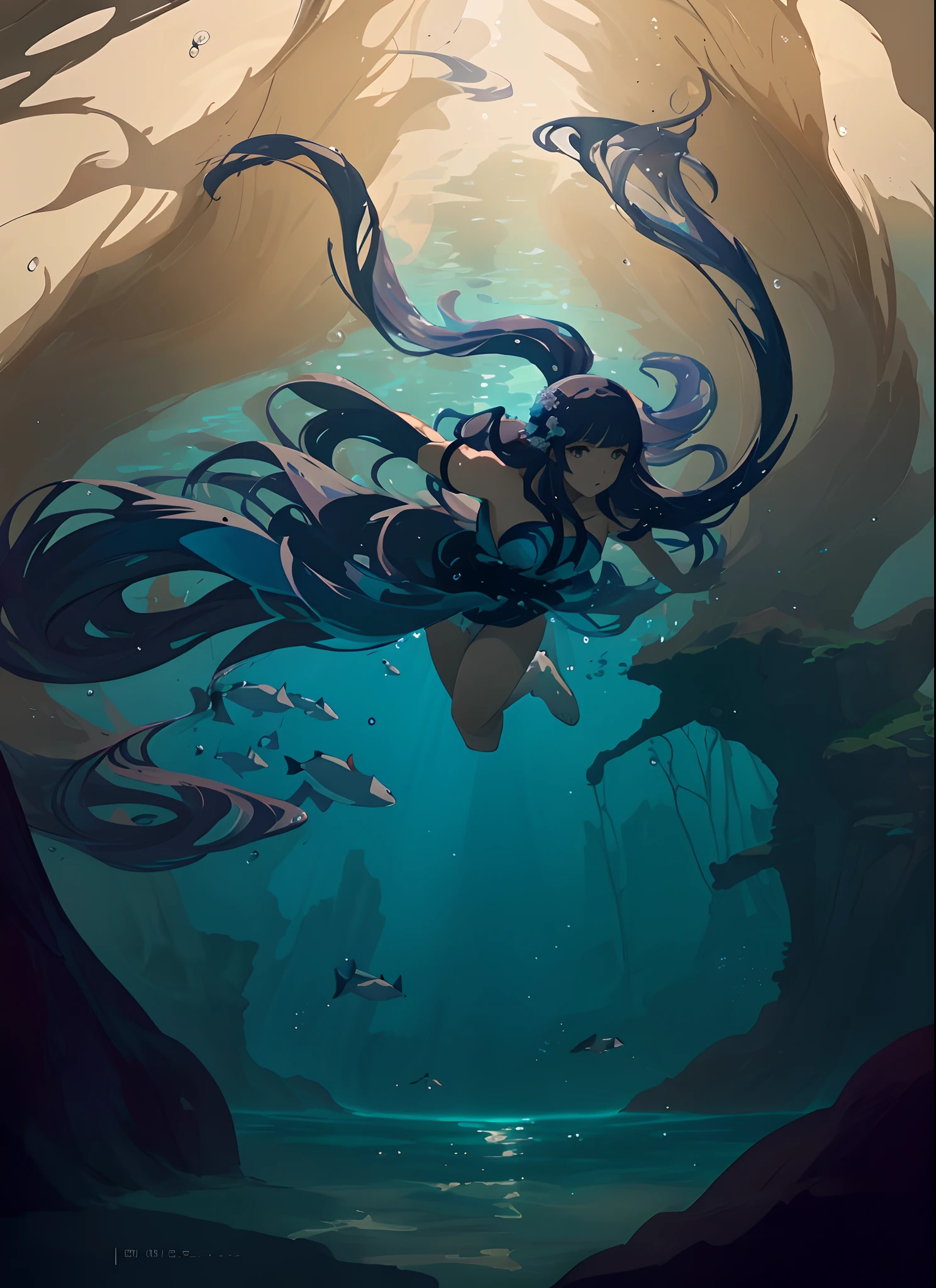 there is a woman that is swimming in the water, a beautiful artwork illustration, by Yang J, in the art style of mohrbacher, in the sea, asian female water elemental, in the ocean, anime fantasy illustration, in the deep, under water, beautiful anime artwork, floating under water, wallpaper anime blue water, trending on artstation pixiv
