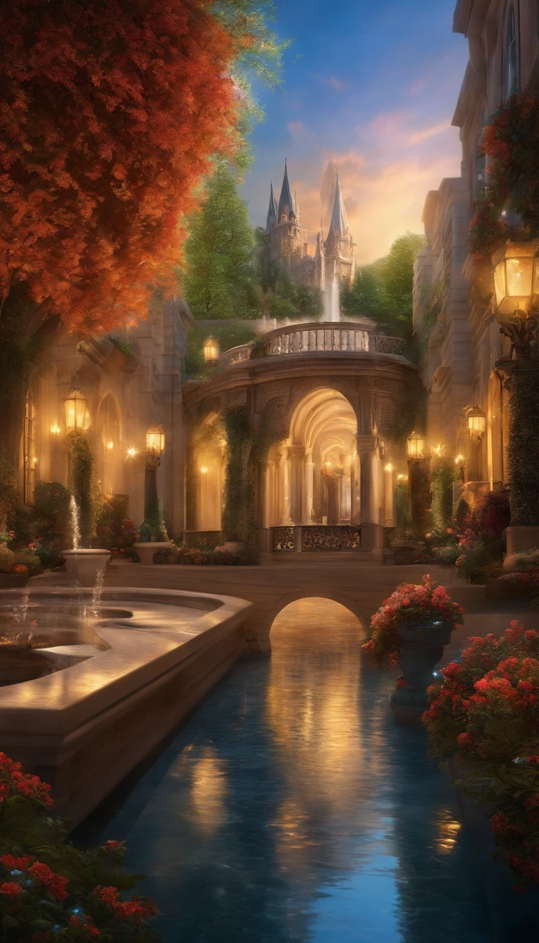 "Imagine a magical city with crystal streets that reflect celestial light, where a majestic fountain surrounded by luminous trees radiates a divine glow."