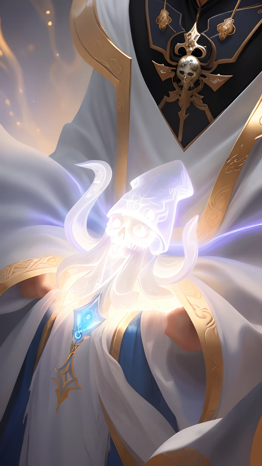 a close up of a squid man in a angelic transparent white gold robe with a skull in his hand, epic celestial mage, beautiful character painting, full body xianxia, portrait knights of zodiac girl, by Yang J, g liulian art style, fantasy art style, foreshortening