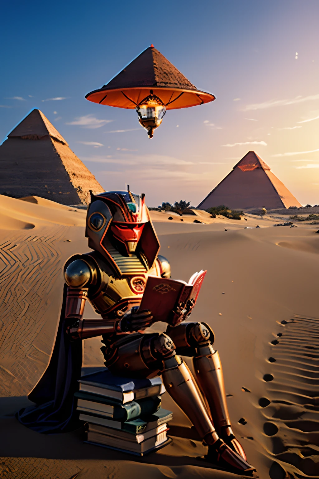 Robot in aged red metal, metal marrom enferrujado, luzes brilhantes, The robot is reading a book at the foot of a dune and in the background is a gigantic Egyptian pyramid and over it a flying saucer.