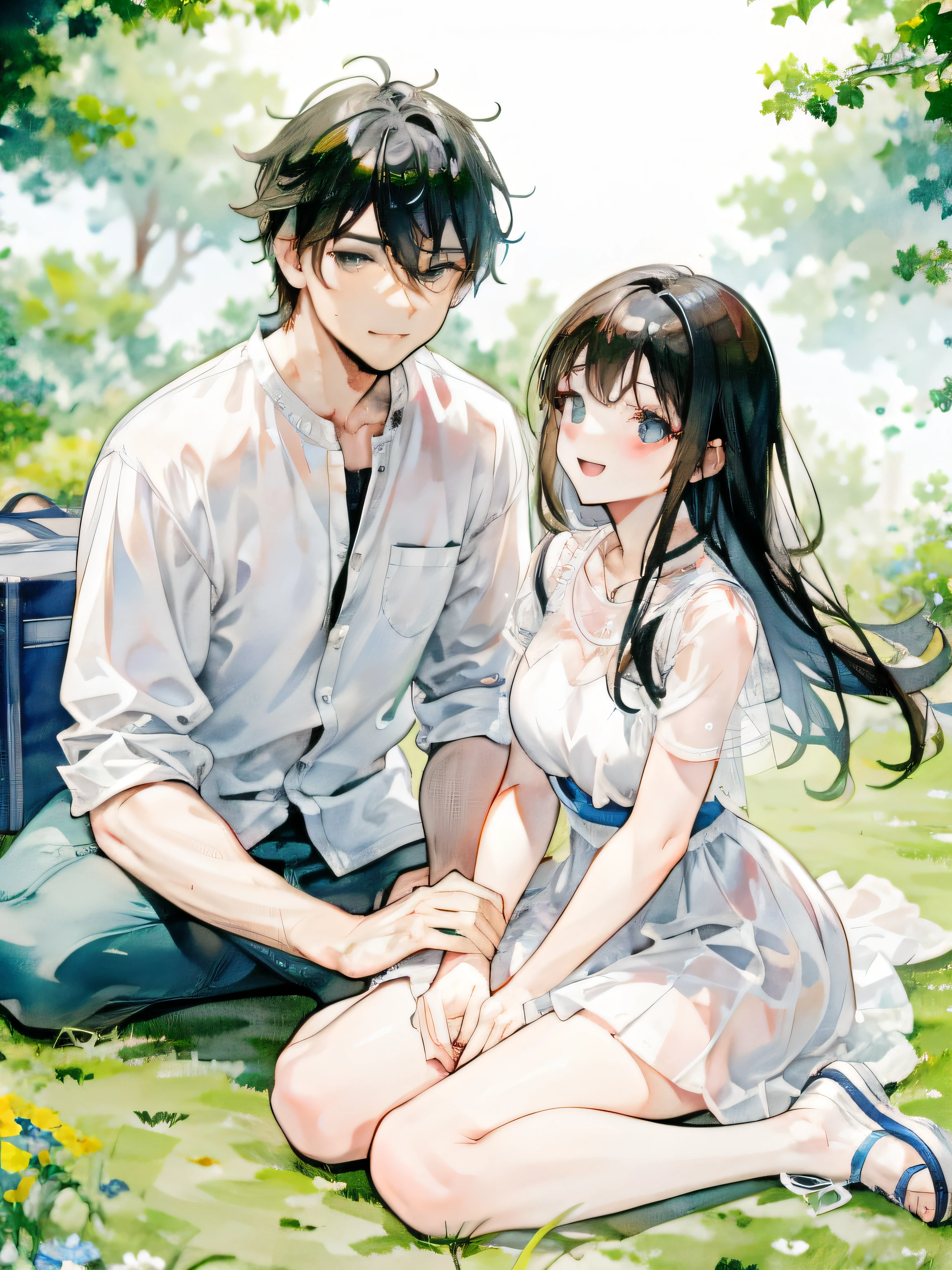 couple, (1man, 1woman), casual cloth, cute couple, happy smile, sitting on grass, romantic atmosphere, having fun, picnic, married couple, close up, zoom in, detailed face, dreamy eyes, soft light, romance, novel cover, webtoon, anime style, comic, watercolor, by makoto sinkai, modern era, good proportion, different height, symmetry, (HD, 4K, high resolution, masterpiece, absurdres)