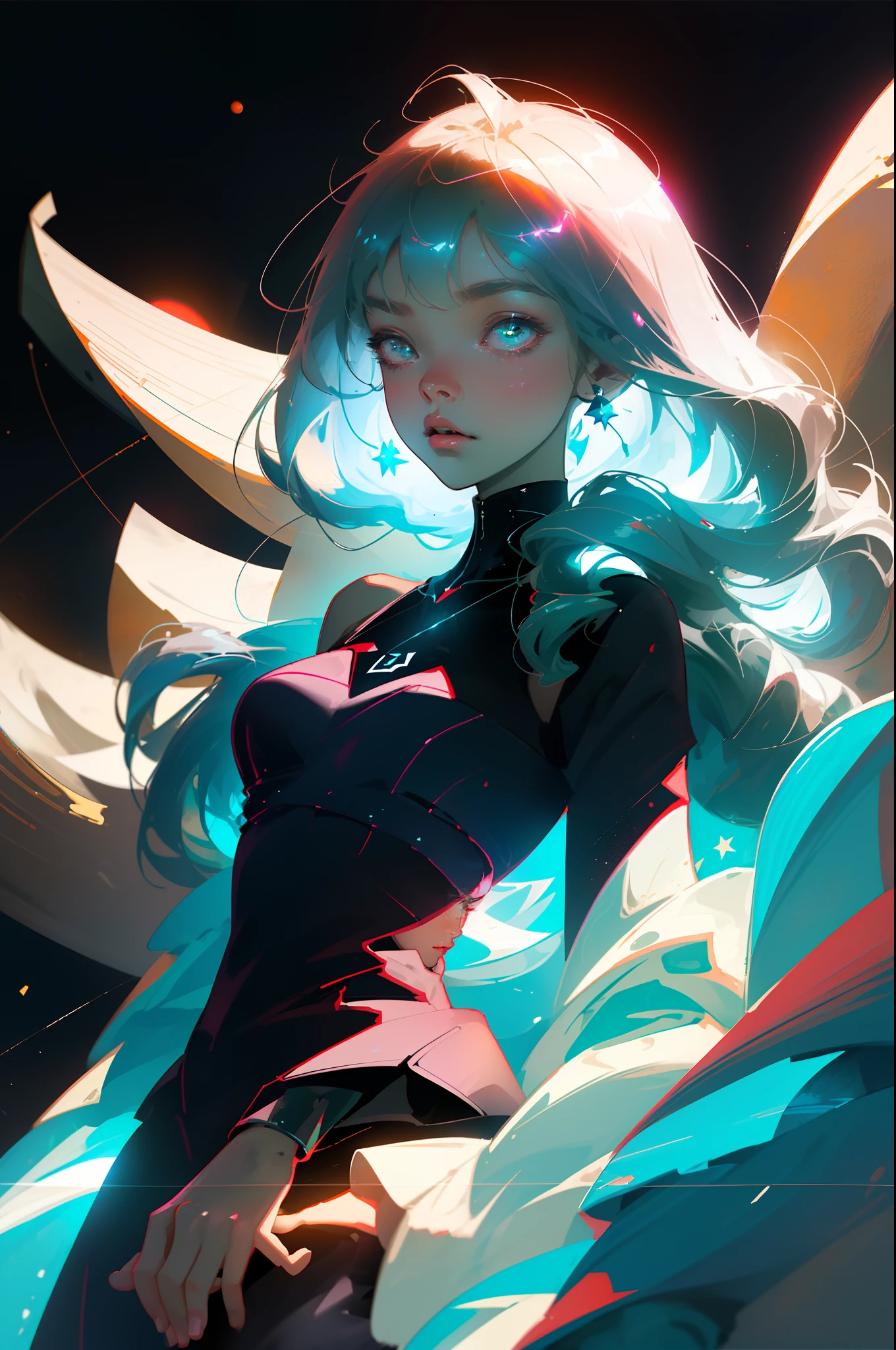 ​masterpiece、top-quality、超A high resolution、Fluorescent color、
Round cute robot in space、beautiful countenance、beautidful eyes、(off shoulders:1.2)、turn your head up、The upper part of the body、the woods、shinny hair、shinny skin、Shine cut、Chibi、Finger scale coordination、Black Star Light Dress、Particle