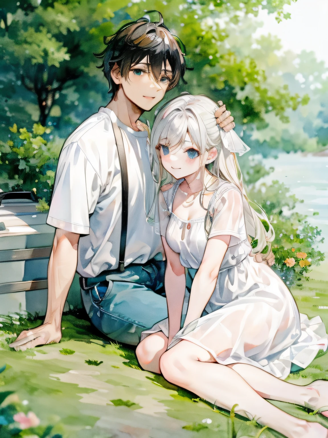 couple, (1man, 1woman), casual cloth, cute couple, happy smile, sitting on grass, romantic atmosphere, having fun, picnic, married couple, close up, zoom in, detailed face, dreamy eyes, soft light, romance, novel cover, webtoon, anime style, comic, watercolor, by makoto sinkai, modern era, good proportion, different height, symmetry, (HD, 4K, high resolution, masterpiece, absurdres)