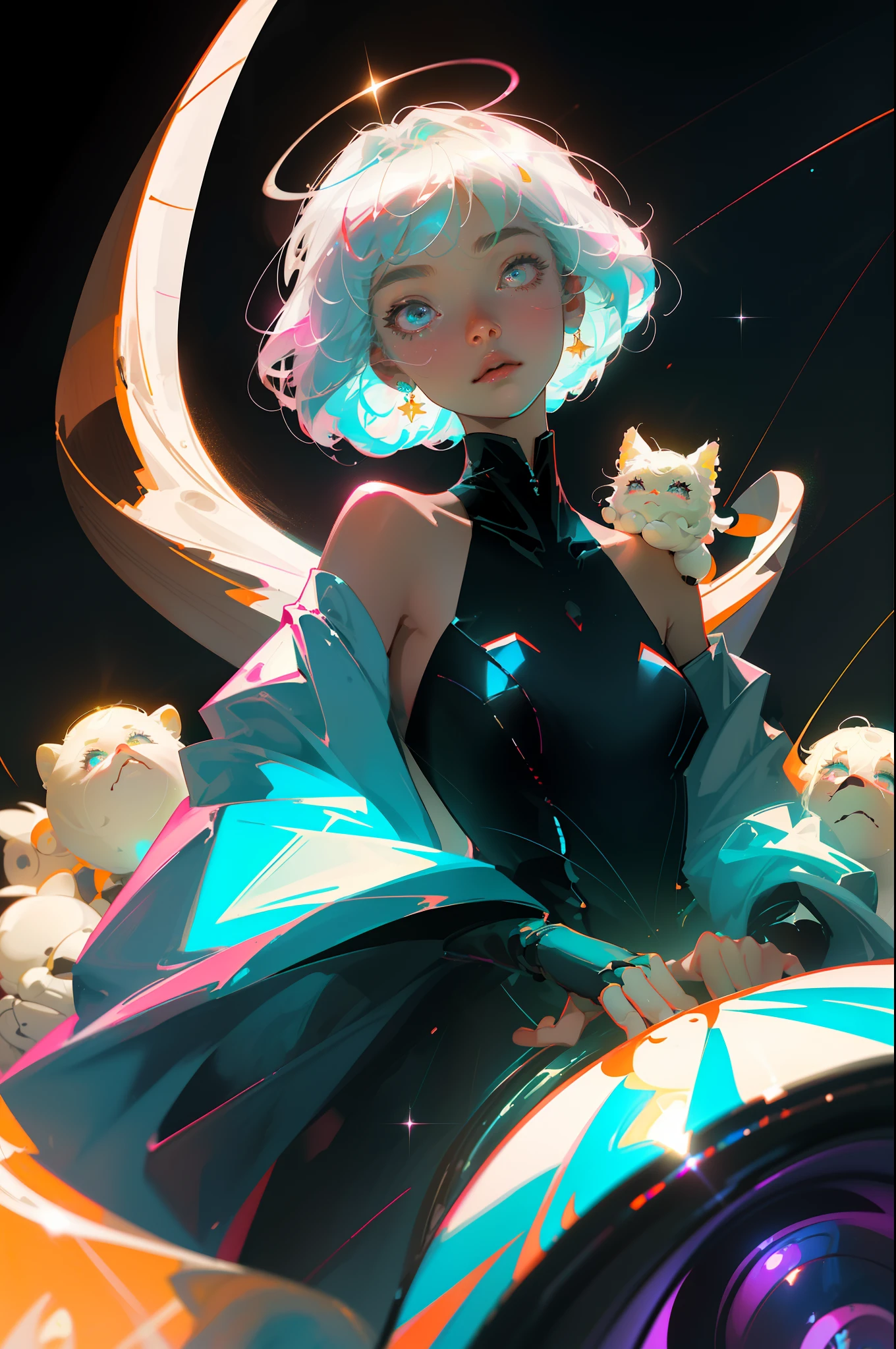masterpiece、top-quality、超A high resolution、Fluorescent color、
Round cute robot in space、beautiful countenance、beautidful eyes、(off shoulders:1.2)、turn your head up、The upper part of the body、the woods、shinny hair、shinny skin、Shine cut、Chibi、Finger scale coordination、Black Star Light Dress、Particle