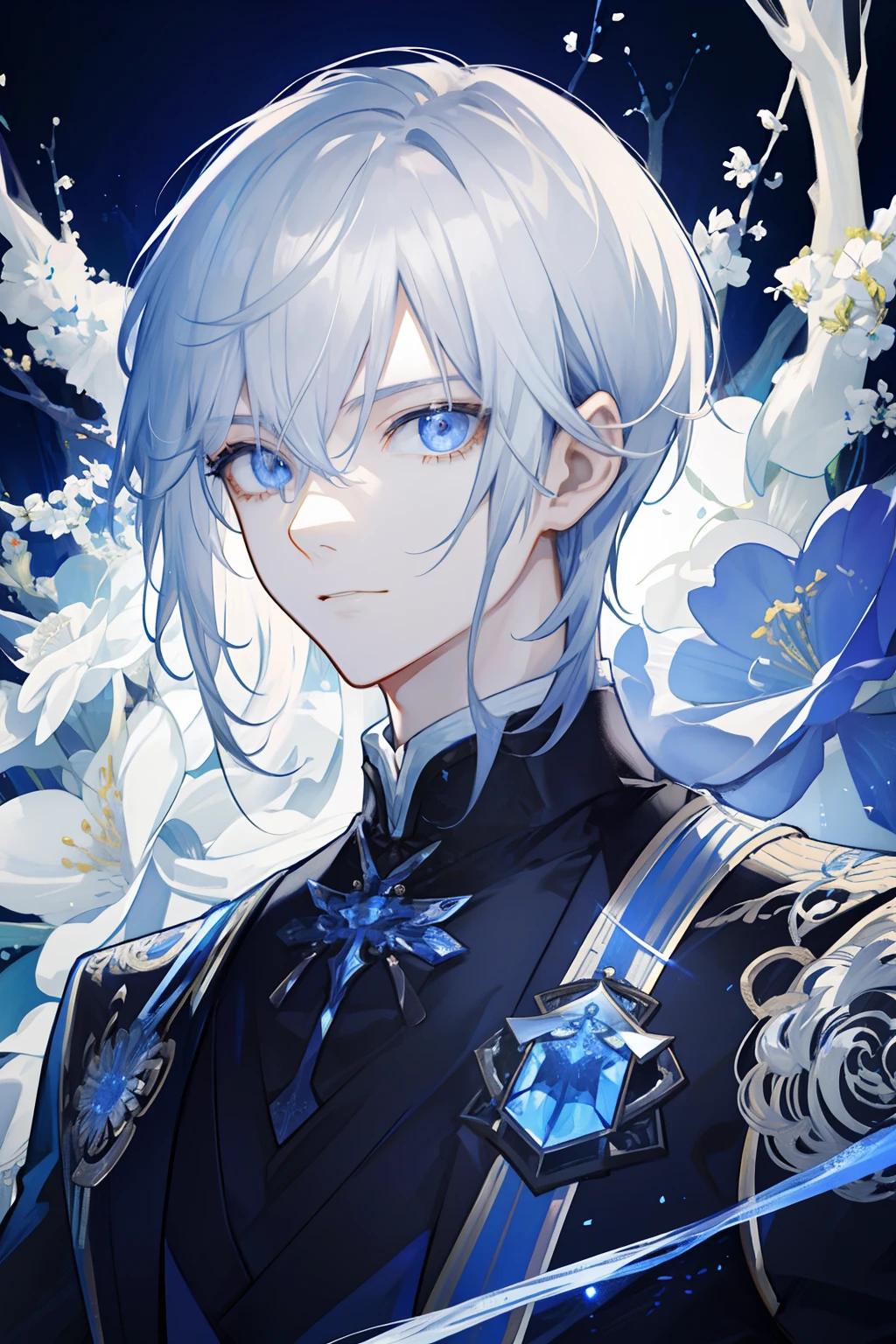 ​masterpiece, top-quality, 1 man, Adults, beautiful man, tall muscular man, broad shoulder, finely eye and detailed face, Highly detailed CG Unity 8k wallpapers, intricate detailes, intricate detailes, long silver hair, a wizard, commander, natta, magical effect, loimu, upper view, frombelow, depth of fields