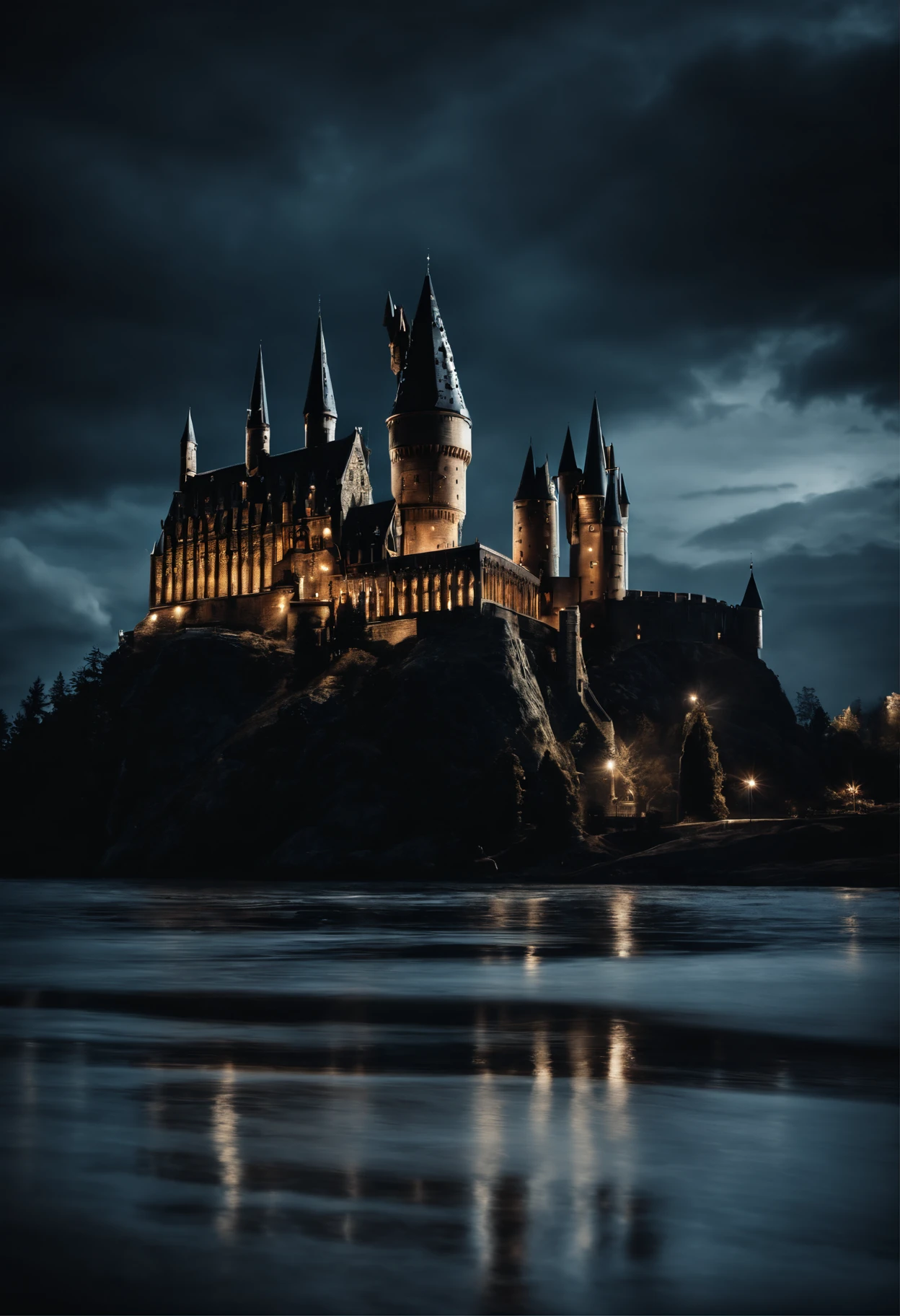 Please create a realistic image with the highest quality, depicting the Harry Potter Castle at night with dramatic clouds in the background.