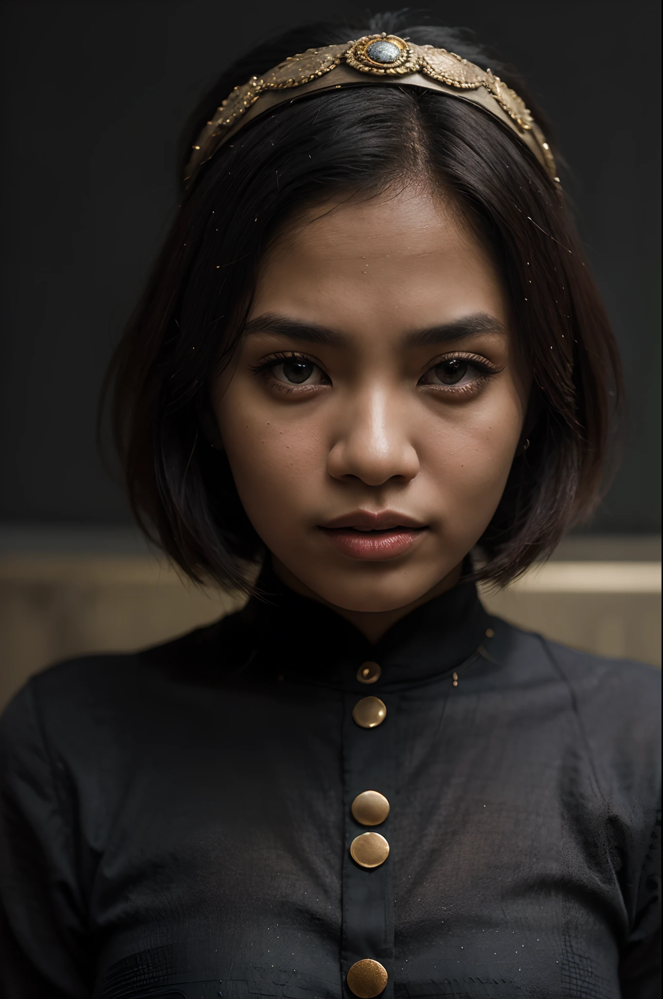 a malay woman is covered with tiny people with various acting in black, in the style of detailed atmospheric portraits, indigo and bronze, made of all of the above, social media portraiture, intricately textured, fragmented, emotive expressions,