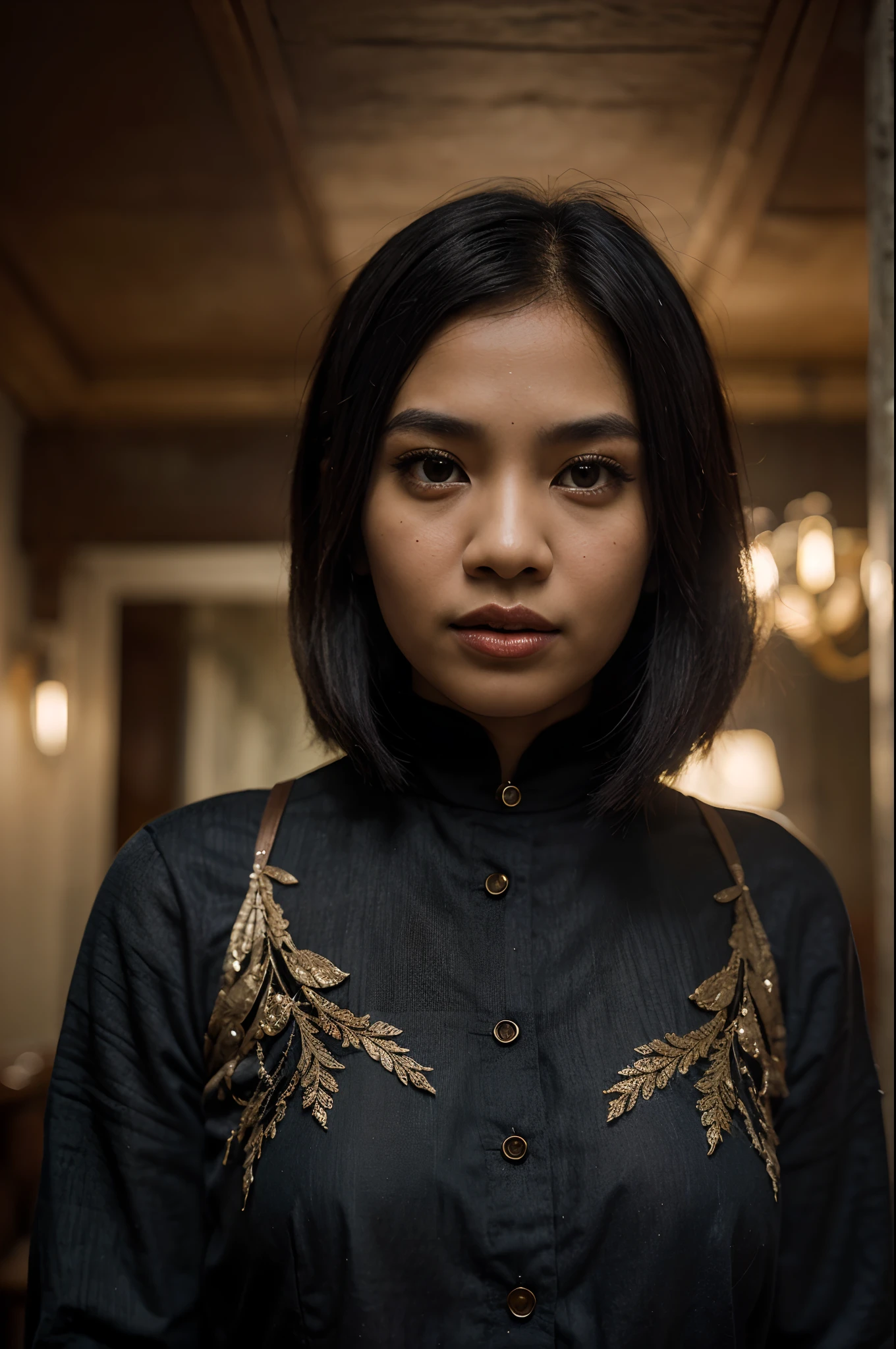 a malay woman is covered with tiny people with various acting in black, in the style of detailed atmospheric portraits, indigo and bronze, made of all of the above, social media portraiture, intricately textured, fragmented, emotive expressions,