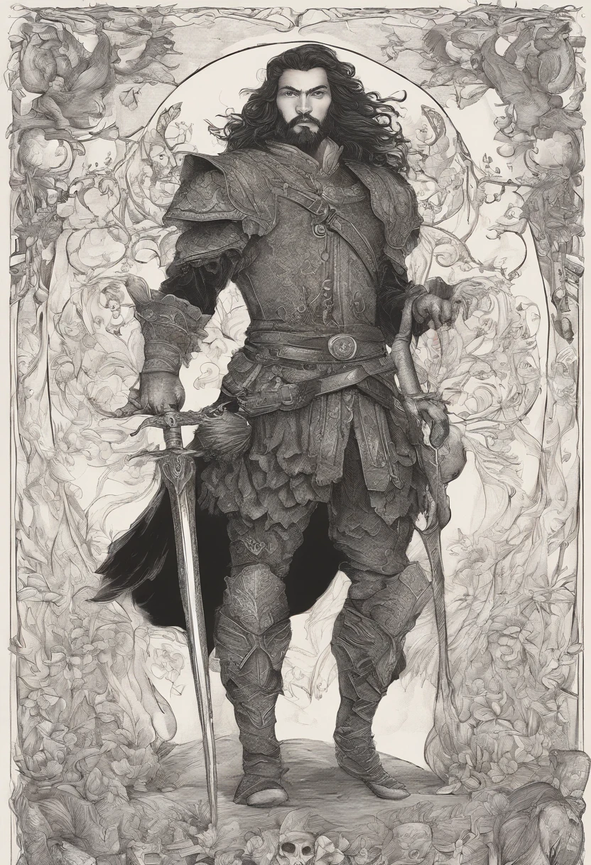 Personagem de desenho, homem jovem, cabelos pretos, barba mal feita, guerreiro com espada e escudo, era medieval fantasia