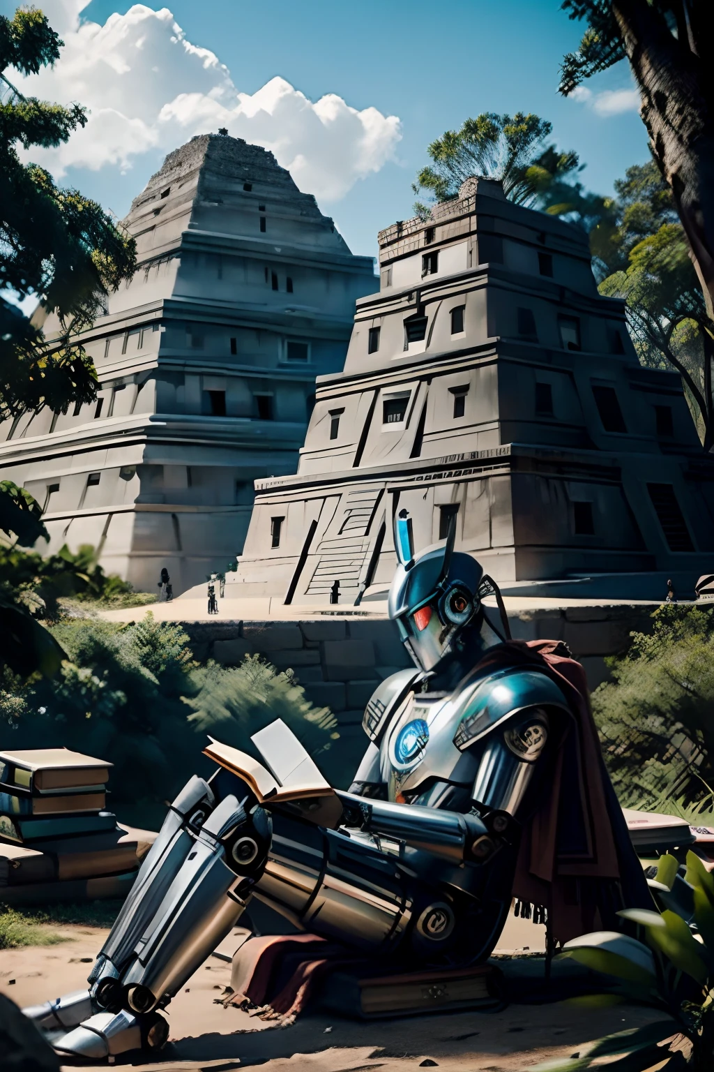 All-metal robot, luzes brilhantes, The robot is reading a book at the foot of an Aztec pyramid surrounded by forest.