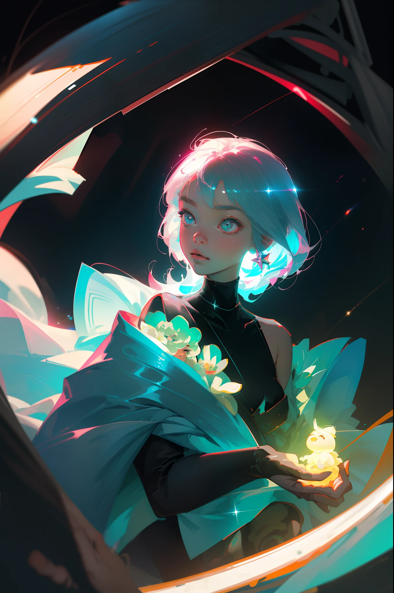 masterpiece、top-quality、超A high resolution、Fluorescent color、
Round cute robot in space、beautiful countenance、beautidful eyes、(off shoulders:1.2)、turn your head up、The upper part of the body、the woods、shinny hair、shinny skin、Shine cut、Chibi、Finger scale coordination、Black Star Light Dress、Particle