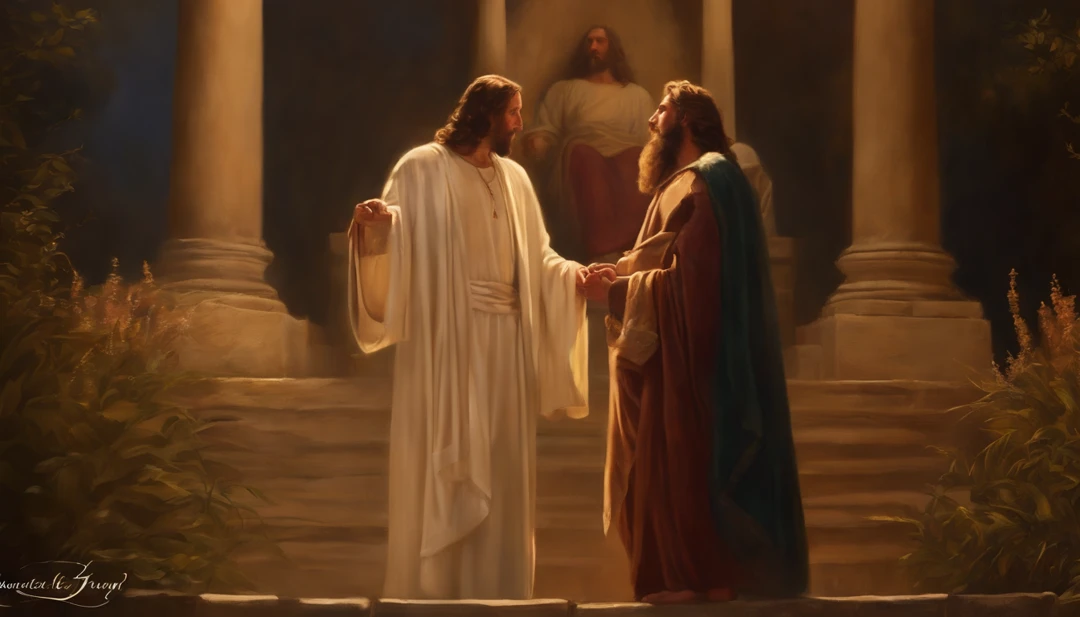 (melhor qualidade,4k,8k,Altas,master part:1.2),ultra-detalhado,(Realistic,fotorrealista,photo-realistic:1.37),jesus cristo olhando caminhando pela rua, estilo de arte tradicional,vivid and dynamic brushstrokes,Ancient playful setting ,Charismatic expression,postura humilde,historic portrait,Noble Features,estilo de pintura de tinta e lavagem,finely detailed facial features,Paradisiacal scenery,olhar confiante,,ambiente com Luz do sol dourada iluminando a cena,aura angelical,atmosphric perspective,vibrant lighting