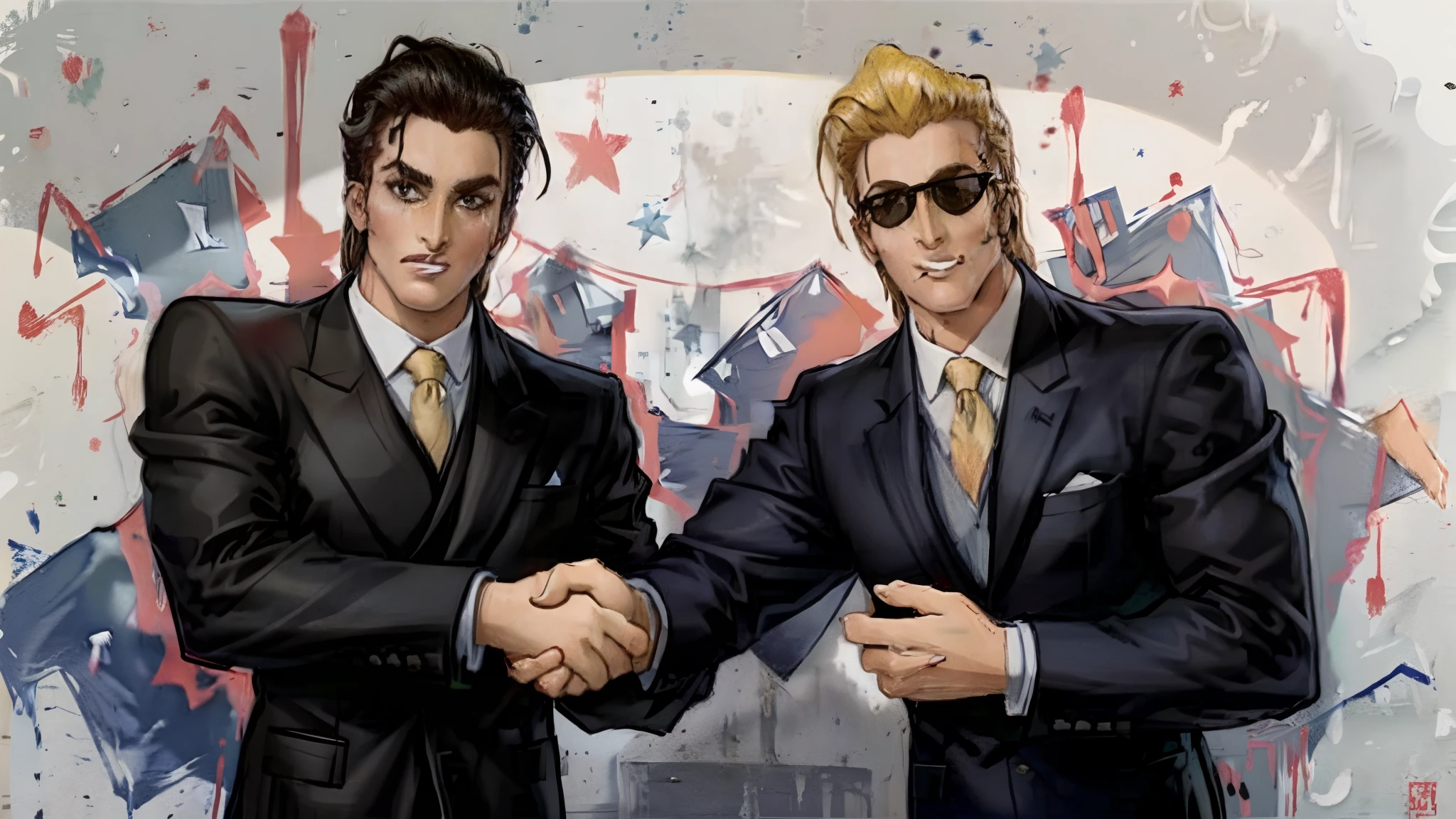 2 people, Patrick Bateman (Left), Johnny Bravo (Right), shaking hands, masterpiece, best quality, ultra-detailed, illustration