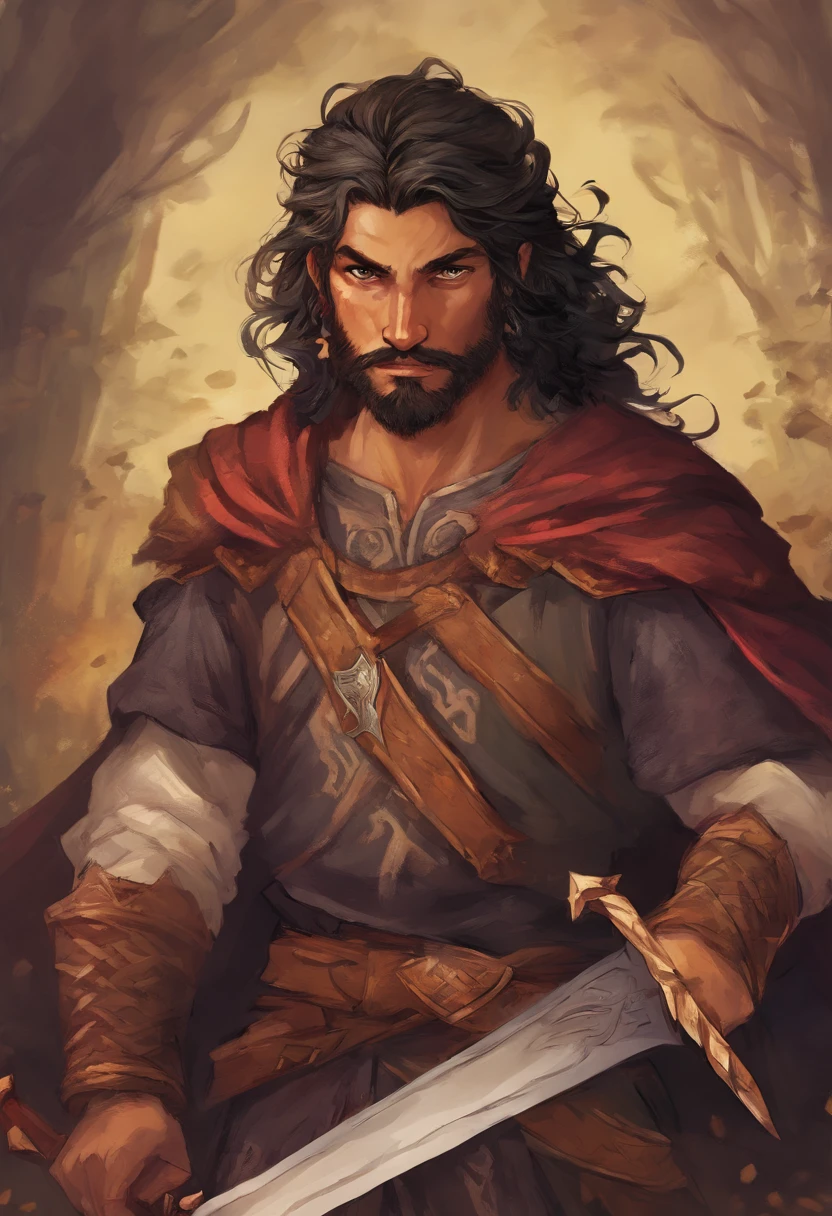 Personagem de desenho, homem jovem, cabelos pretos, barba mal feita, guerreiro com espada e escudo, era medieval fantasia