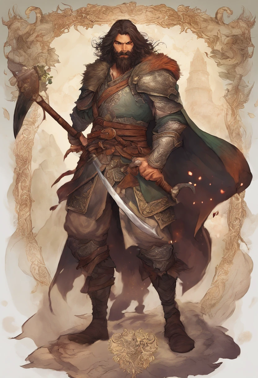 Personagem de desenho, homem jovem, cabelos pretos, barba mal feita, guerreiro com espada e escudo, era medieval fantasia