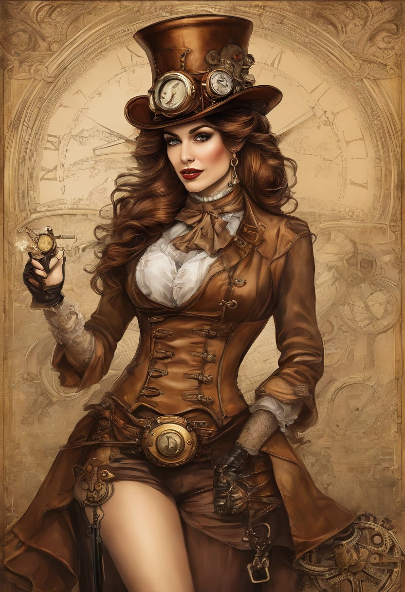There's a woman wearing a Steam Punk hat and holding a gun., menina Steampunk, usando trajes Steampunk, menina inventora Steampunk, (Steampunk), ( Steampunk ), estilo Steampunk, Steam-punk, Steampunk Fiction, steampunk aesthetic, uma deusa Steampunk bonita, Steampunk mulher anime bonita, Steampunk, fantasia Steampunk, estilo de fantasia Steampunk, arte Steampunk, arte digital Steampunk, roupas Steampunk